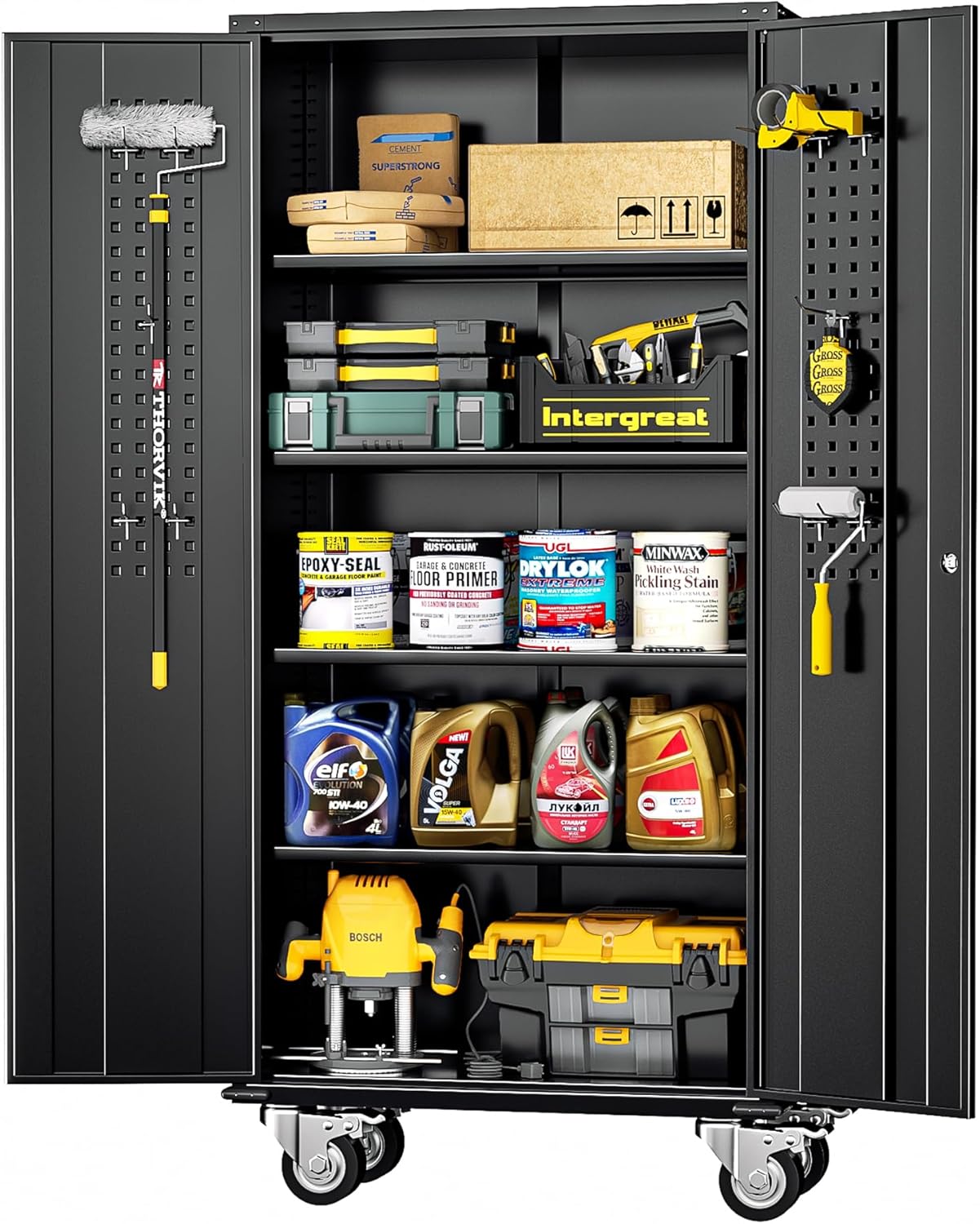 INTERGREAT Metal Storage Cabinet with Wheels, 73" H Rolling Metal Cabinets with Doors and Shelves, Black Steel Lockable Cabinet on Wheels for Garage Storage