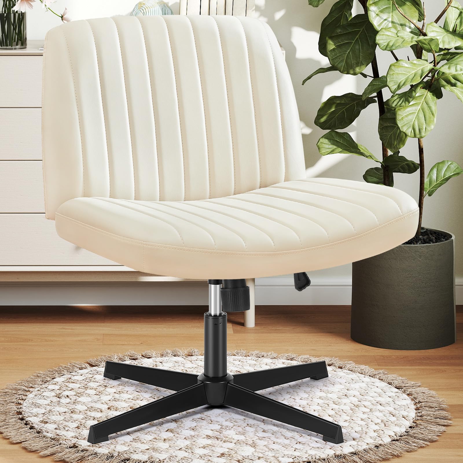 DUMOS Criss Cross Chair with Wheels, Wide Cross Legged Office Desk Vanity Chairs, Faux Leather Armless Adjustable Swivel Chairs for Home Computer Task, Beige