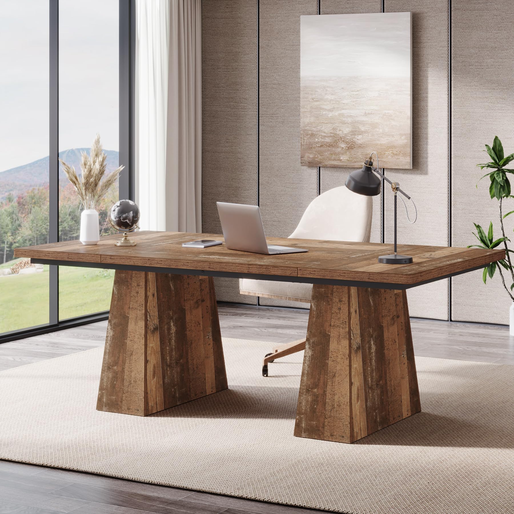 Tribesigns 63-Inch Executive Desk, Large Office Computer Desk with Double Pedestal, Modern Simple Workstations Writing Table Conference Table Business Furniture for Home Office, Light Brown