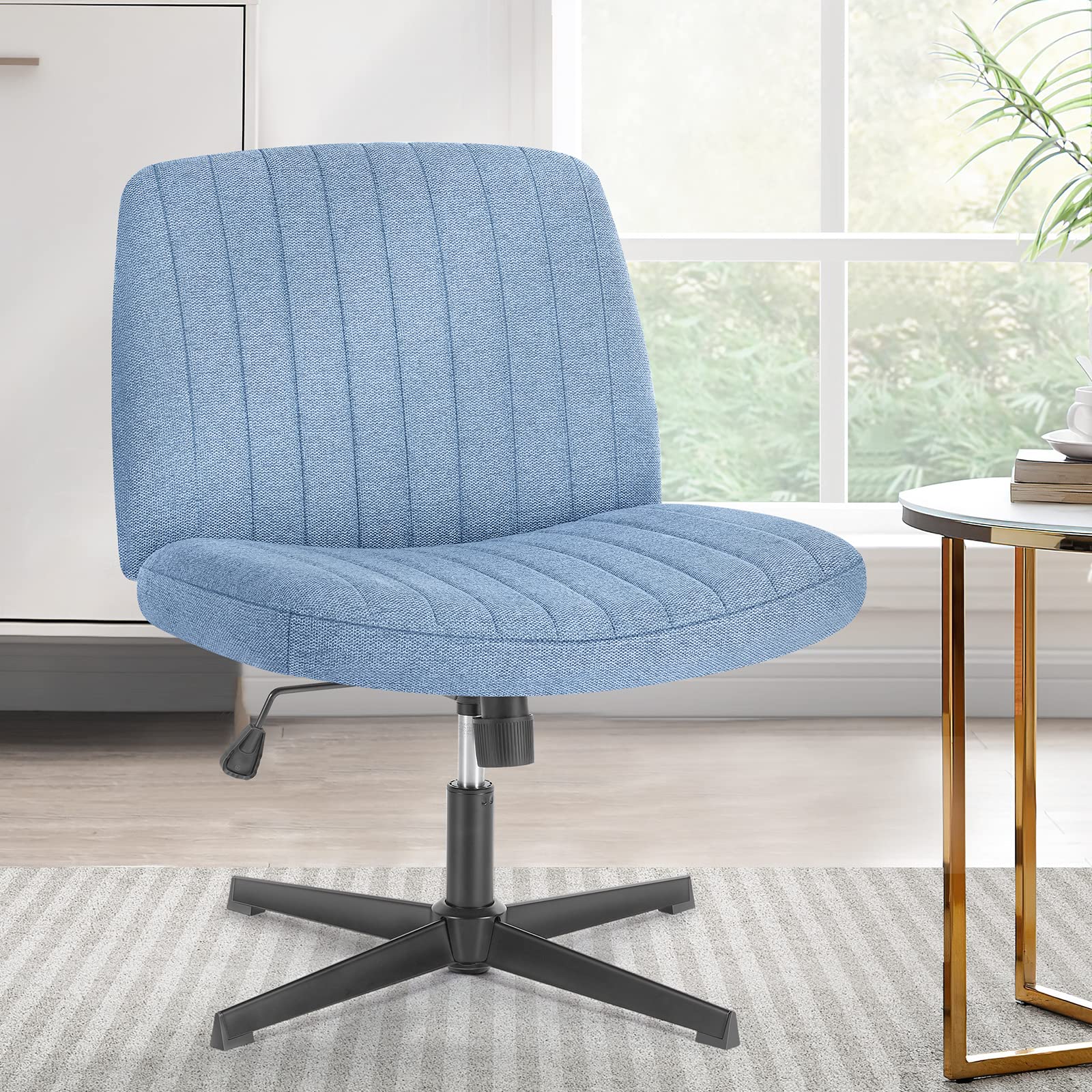 Sweetcrispy Criss Cross Chair Legged, Armless Office Swivel Desk Chair No Wheels, Vanity Height Adjustable Wide Seat Faux Leather Computer Task Seating for Home Bedroom