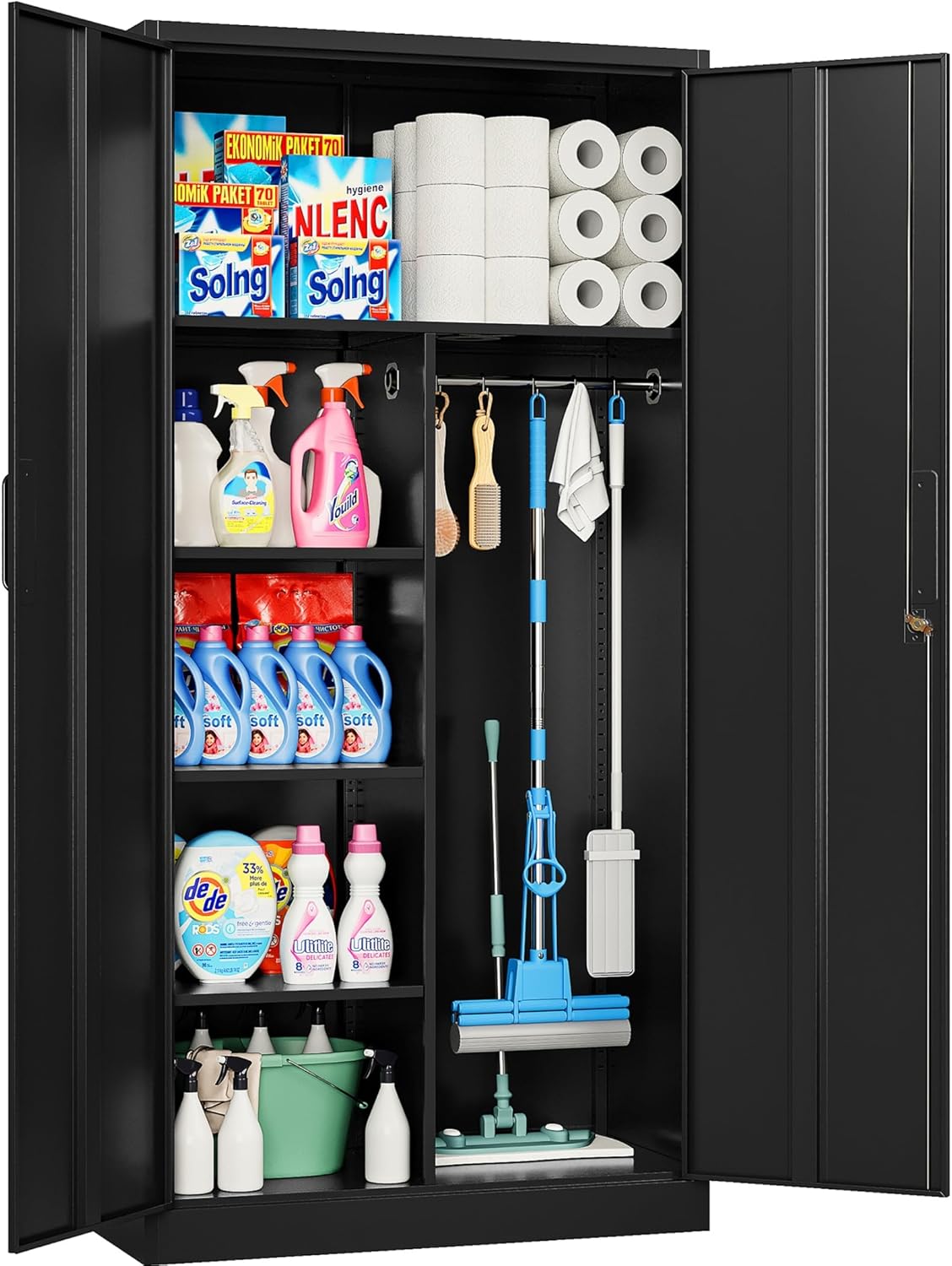 SISESOL Metal Storage Cabinet with 2 Doors and 6 Shelves,Black Metal Cabinet with Lock,71" Lockable Garage Storage Cabinets,Locking File Cabinet,Steel Tool Cabinets for Home,Office,Garage,Shop,School