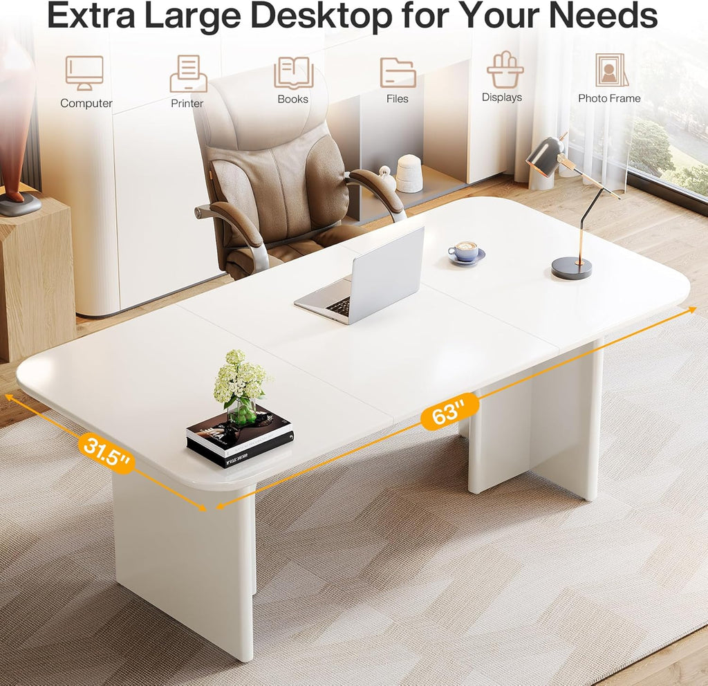 Tribesigns Modern White Desk, Large Minimalist Executive Office Computer Desk Writing Study Makeup Vanity Table Workstation with Arch Design Legs, 63 x 31.5 inch