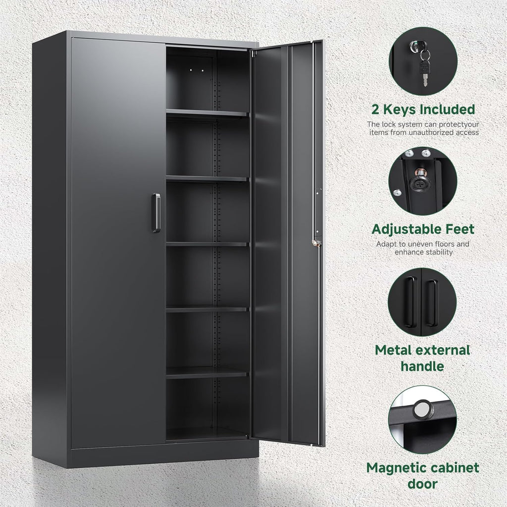 Letaya Metal Garage Storage Cabinets with Lock-72 Tall Tool Organizer Steel Lockers, 5 Adjustable Layers Shelves for Home,Office,Warehouse,Garage,(Black-72“) | with Lock, 72 Tall, Tool Organizer