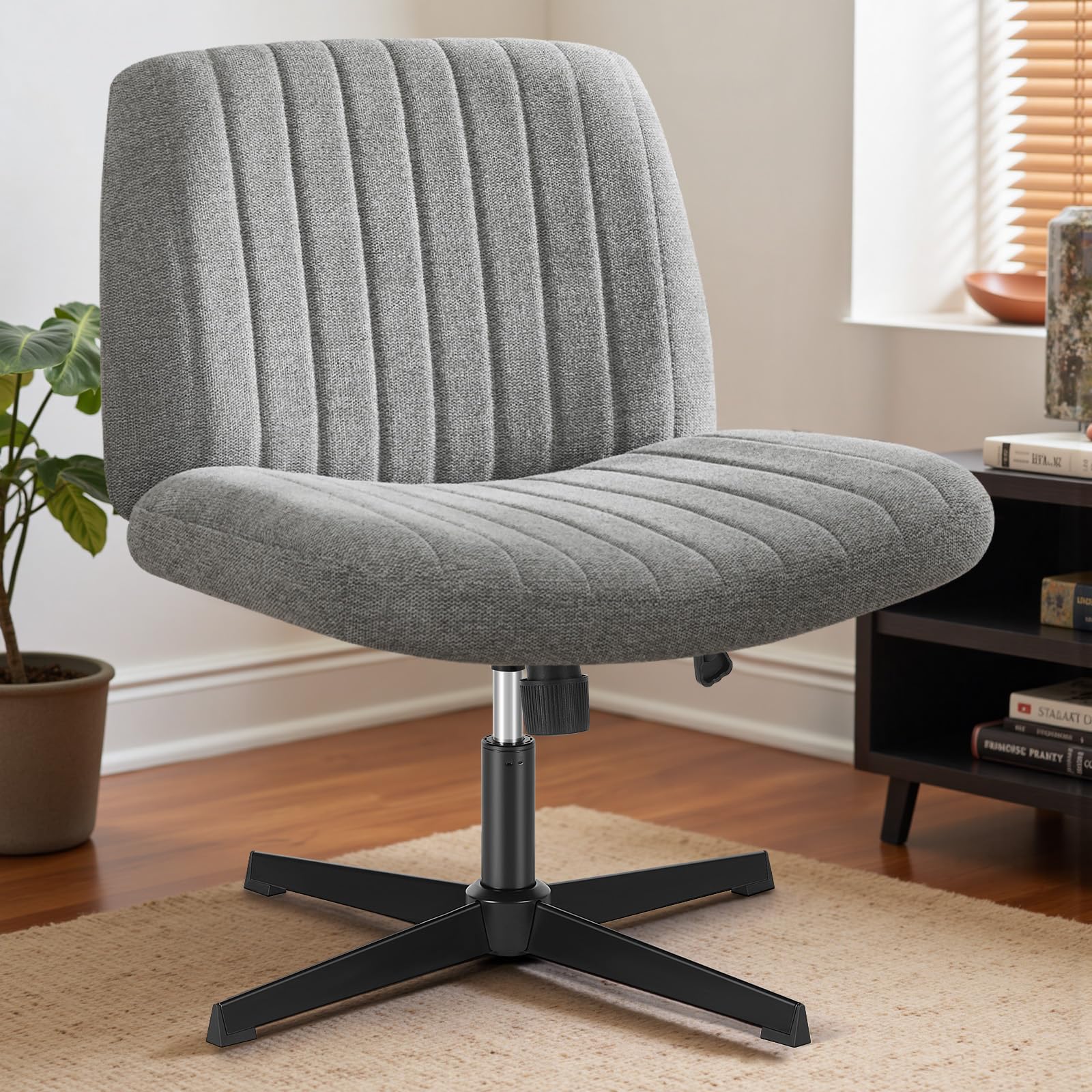 DUMOS Criss Cross Chair with Wheels, Wide Cross Legged Office Desk Vanity Chairs, Faux Leather Armless Adjustable Swivel Chairs for Home Computer Task, Beige