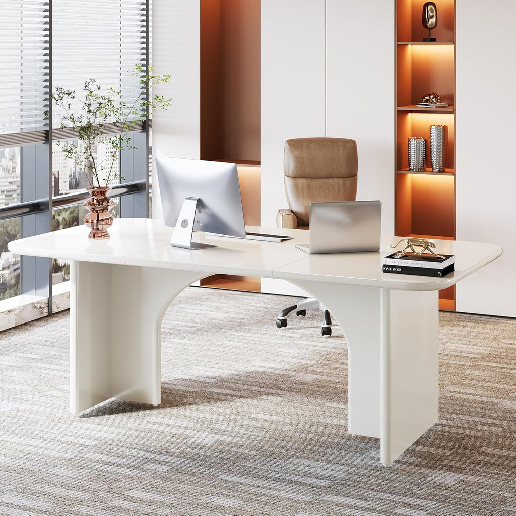 Tribesigns Modern White Desk, Large Minimalist Executive Office Computer Desk Writing Study Makeup Vanity Table Workstation with Arch Design Legs, 63 x 31.5 inch