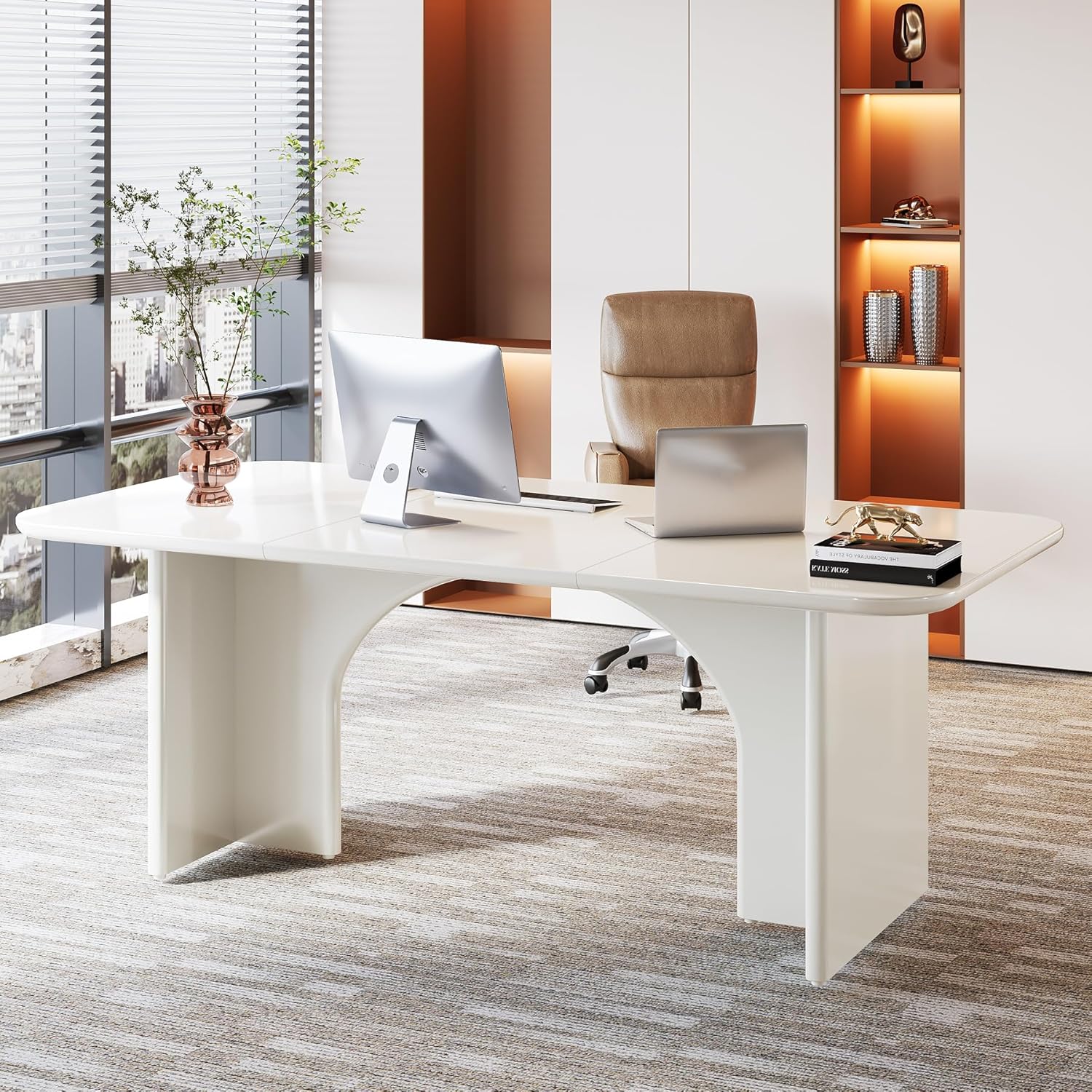 Tribesigns Modern White Desk, Large Minimalist Executive Office Computer Desk Writing Study Makeup Vanity Table Workstation with Arch Design Legs, 63 x 31.5 inch