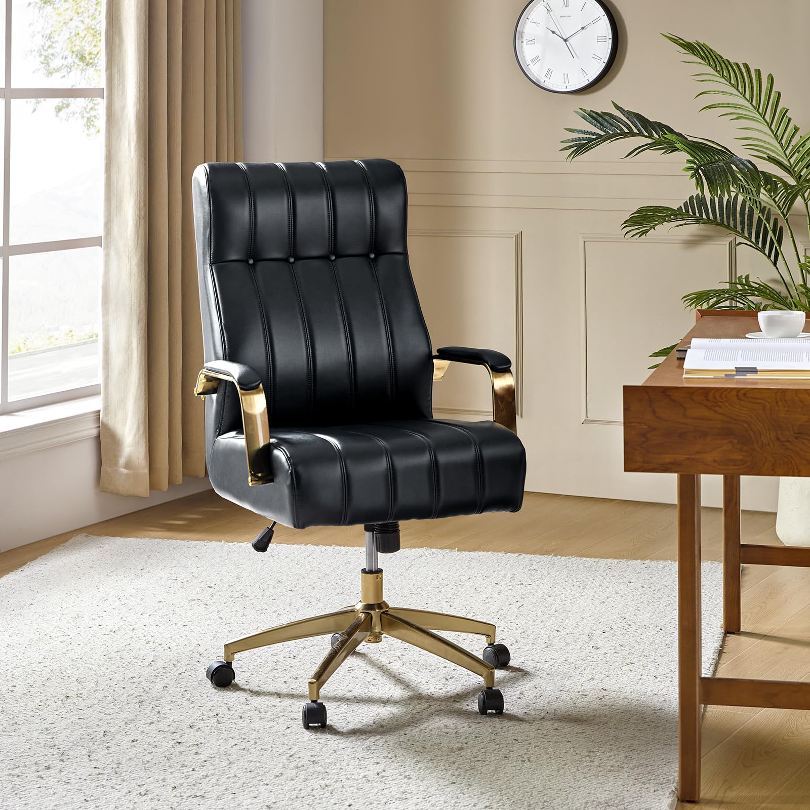 HULALA HOME Modern Executive Office Chair, Faux Leather Tufted Ergonomic Desk Chair with Gold Plated Base & Armrests, 360° Swivel Adjustable Height Tilt Home Office Chair for Work/Study