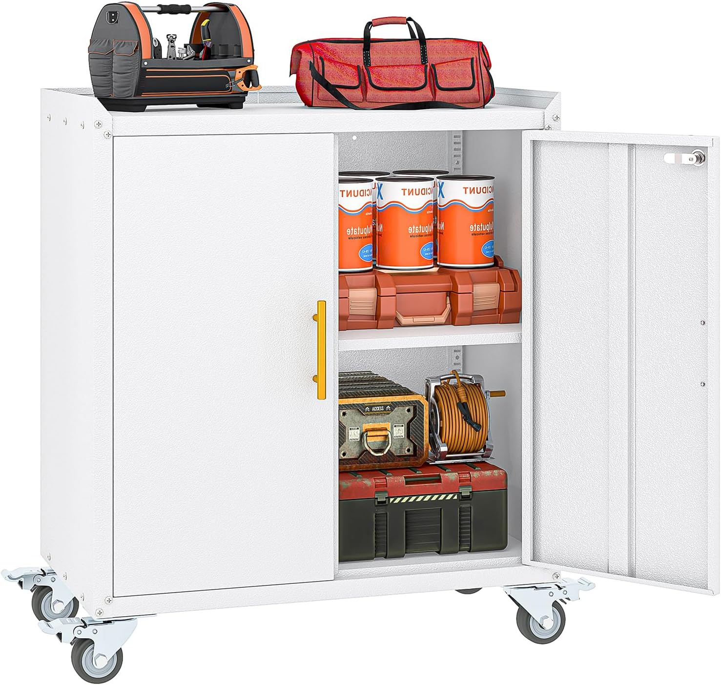 Metal Garage Storage Cabinet with Wheels, Tall Locking Cabinet with Doors and Shelves, Tool Storage Cabinets for Garage, Home Office (Black,35.6" H)