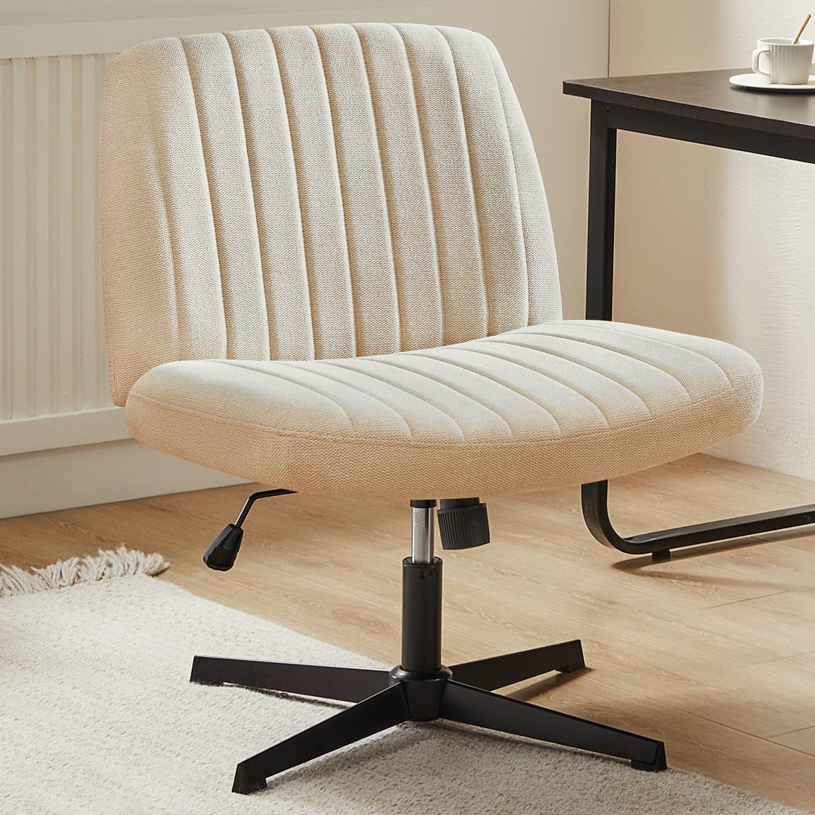 DUMOS Criss Cross Chair with Wheels, Wide Cross Legged Office Desk Vanity Chairs, Faux Leather Armless Adjustable Swivel Chairs for Home Computer Task, Beige