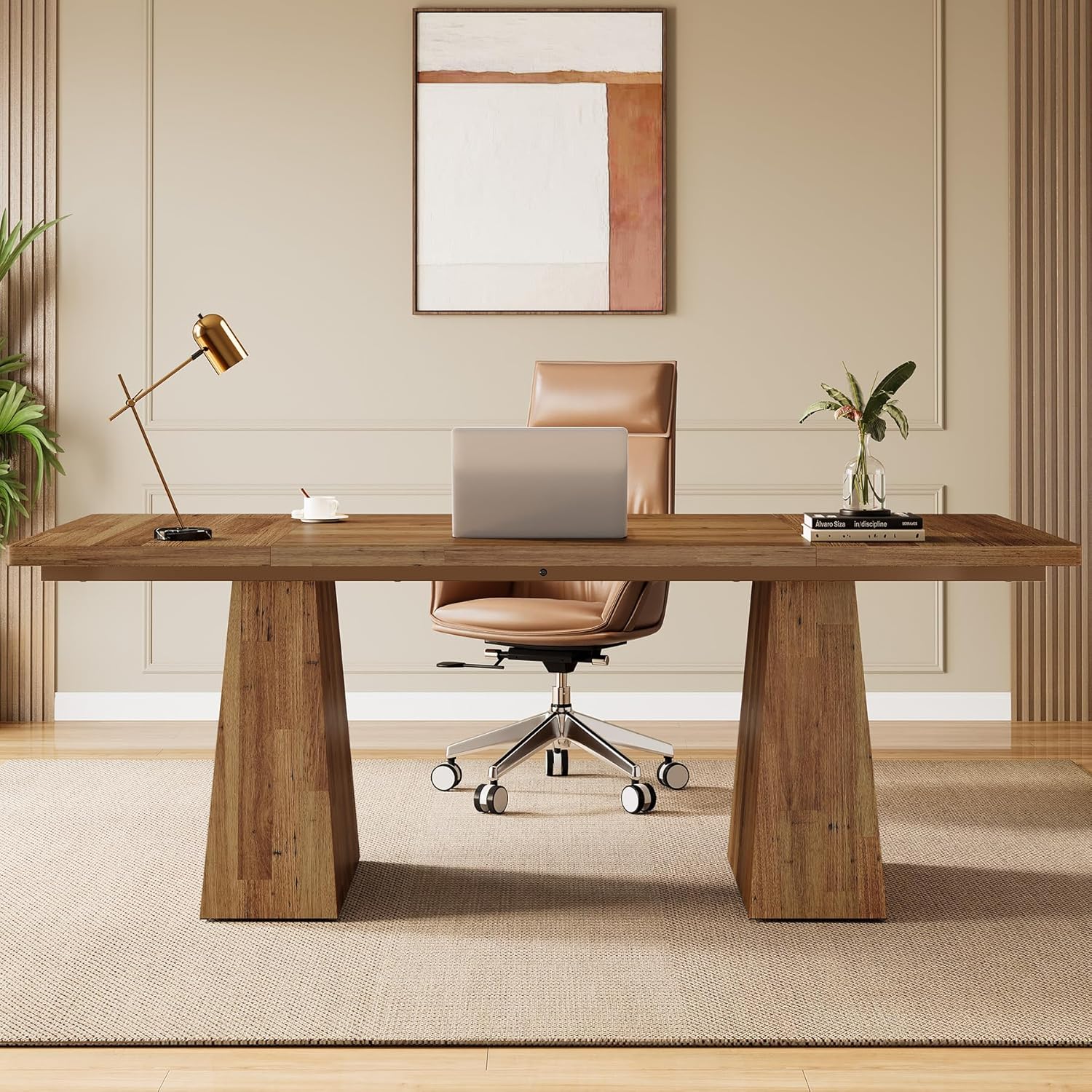 Tribesigns 63-Inch Executive Desk, Modern Office Computer Desk with Sturdy Double Pedestal, Large Study Writing Table Simple Workstation for Home Office, Light Brown