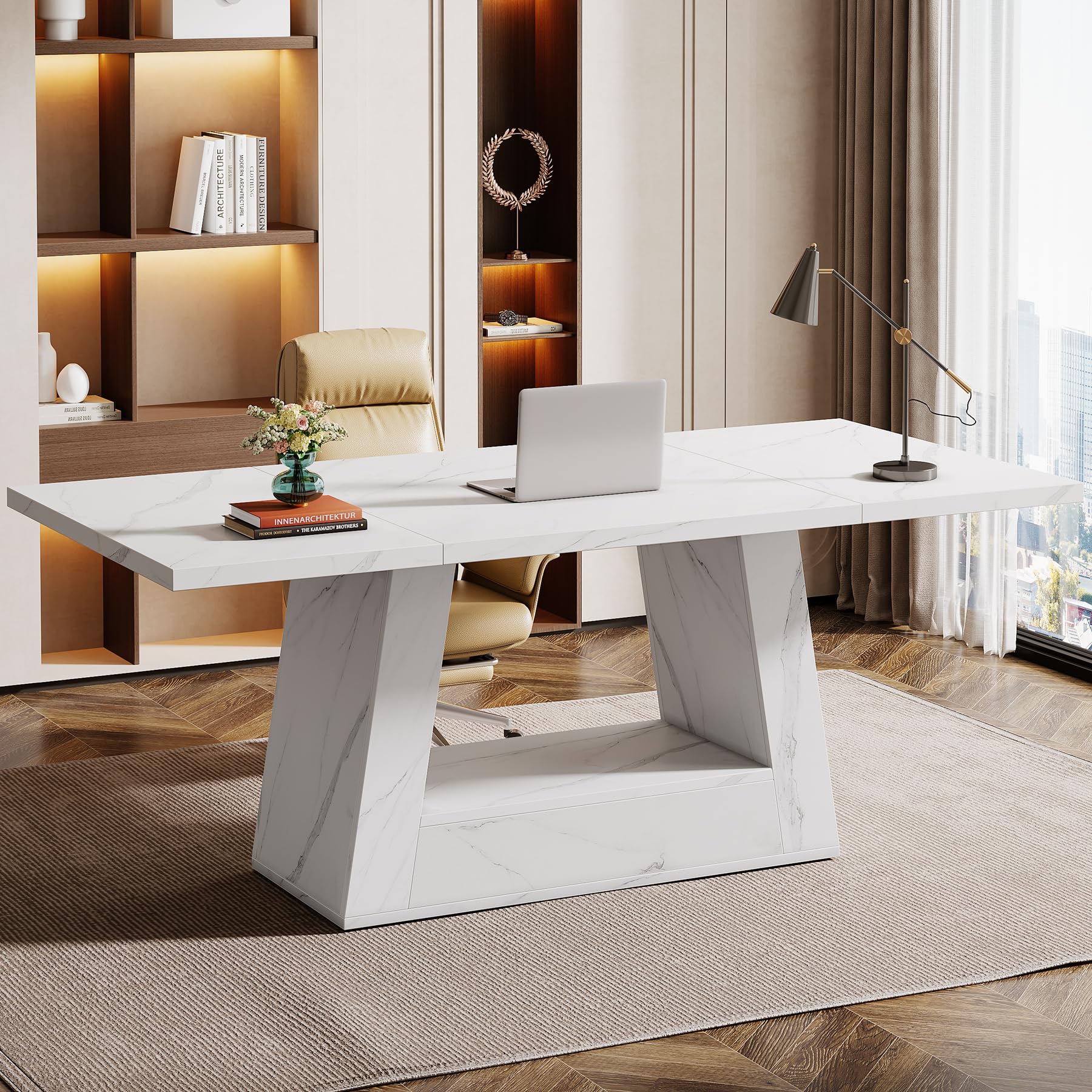 Tribesigns Modern Computer Desk, 63-Inch Large Office Desk Workstation, Simple Style Executive Desk Study Table with Sturdy Base, Wooden Faux Marble Writing Desk for Home Office, White