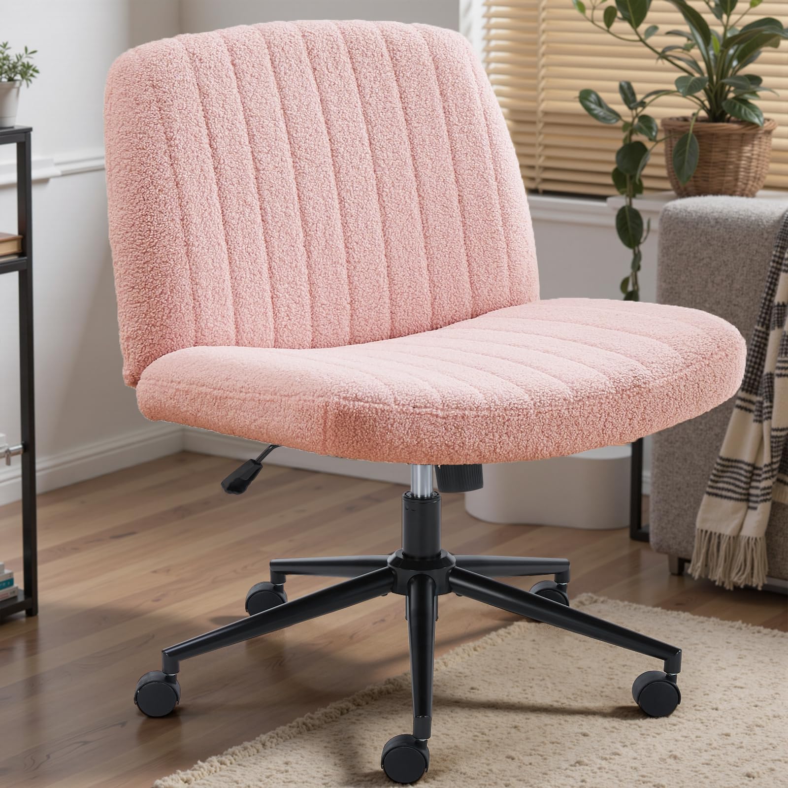 DUMOS Criss Cross Chair with Wheels, Wide Cross Legged Office Desk Vanity Chairs, Faux Leather Armless Adjustable Swivel Chairs for Home Computer Task, Beige