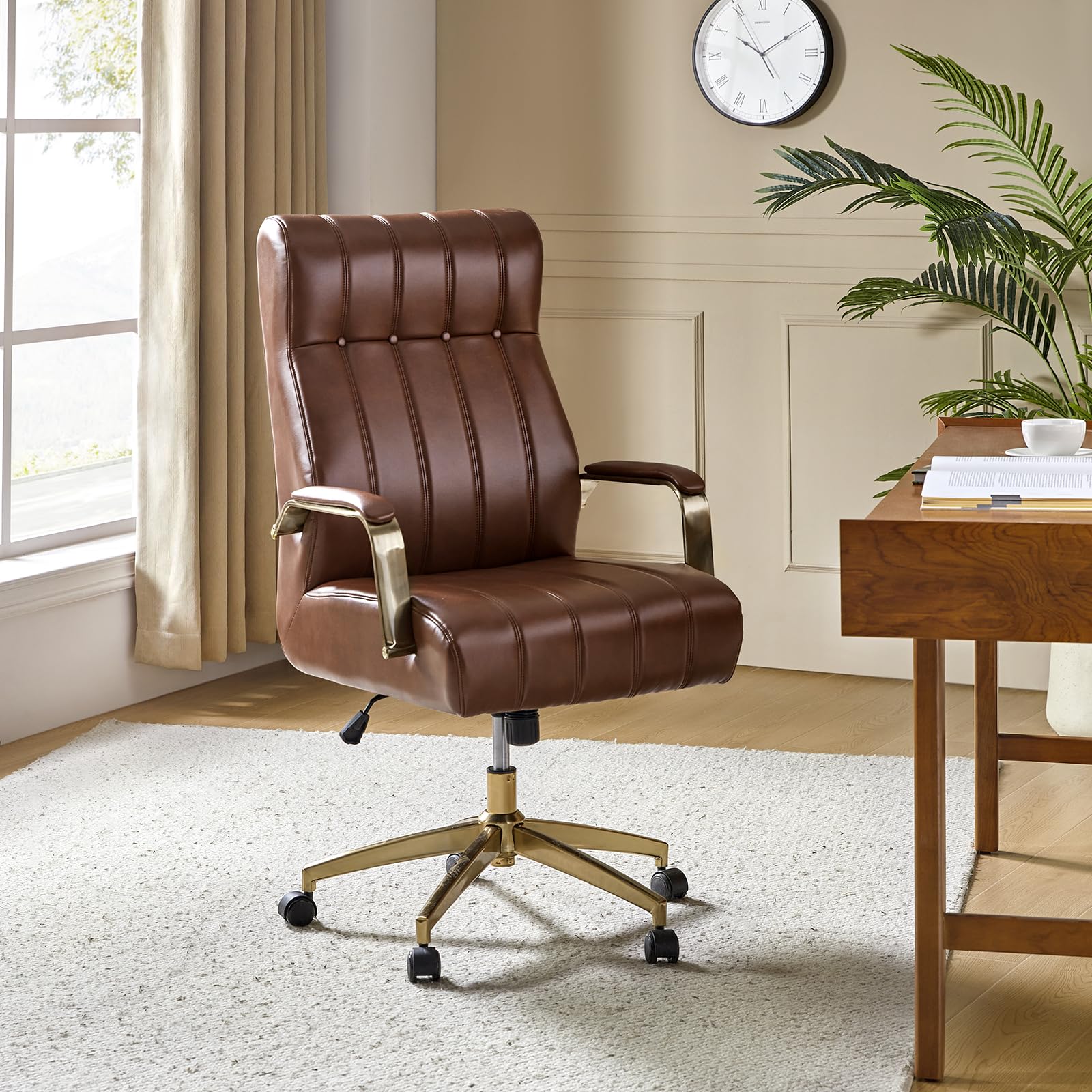 HULALA HOME Modern Executive Office Chair, Faux Leather Tufted Ergonomic Desk Chair with Gold Plated Base & Armrests, 360° Swivel Adjustable Height Tilt Home Office Chair for Work/Study