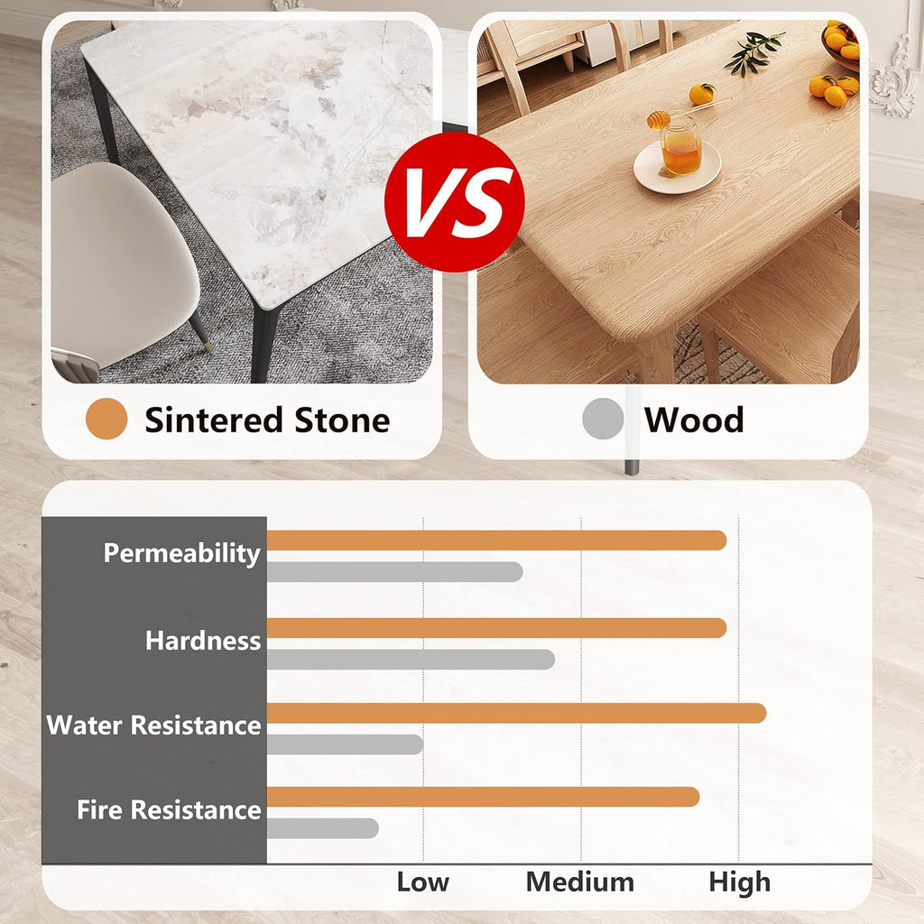 ZL ZELing Dining Table,Mid Century White Rectangular 63" Kitchen Table with Marble Sintered Stone Table Top and Metal Legs,Dining Room Table for 6,Table Only