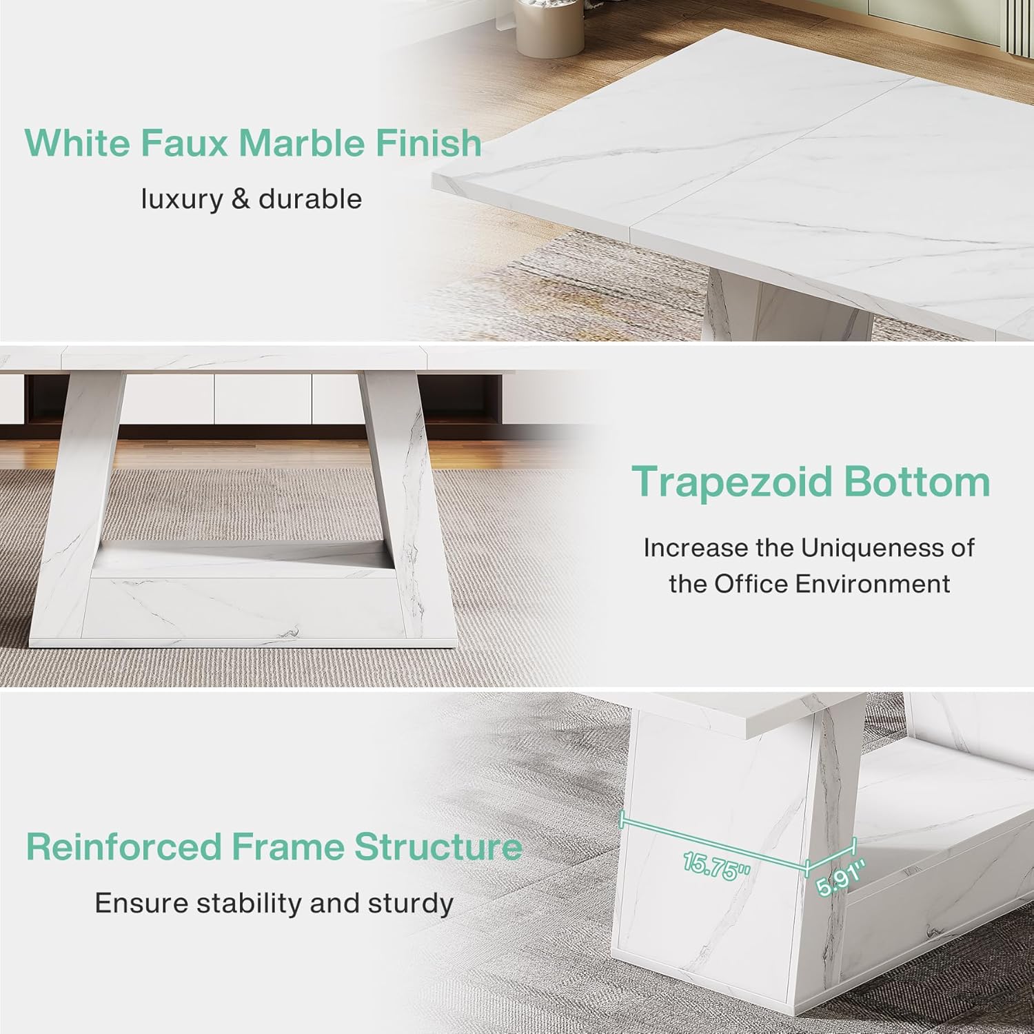 Tribesigns Modern Computer Desk, 63-Inch Large Office Desk Workstation, Simple Style Executive Desk Study Table with Sturdy Base, Wooden Faux Marble Writing Desk for Home Office, White