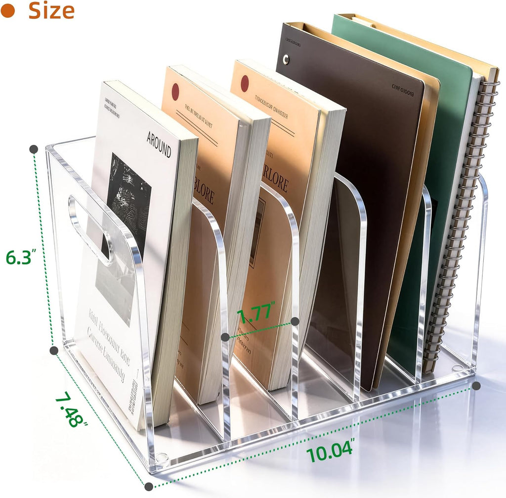 Acrylic Magazine File Holder, 5 Vertical Compartments Desk Document Sorter Organizer, Clear Folder Rack Binder for Office/Documents/Classroom, for Home, Tablet, Magazines, Books & Accessories