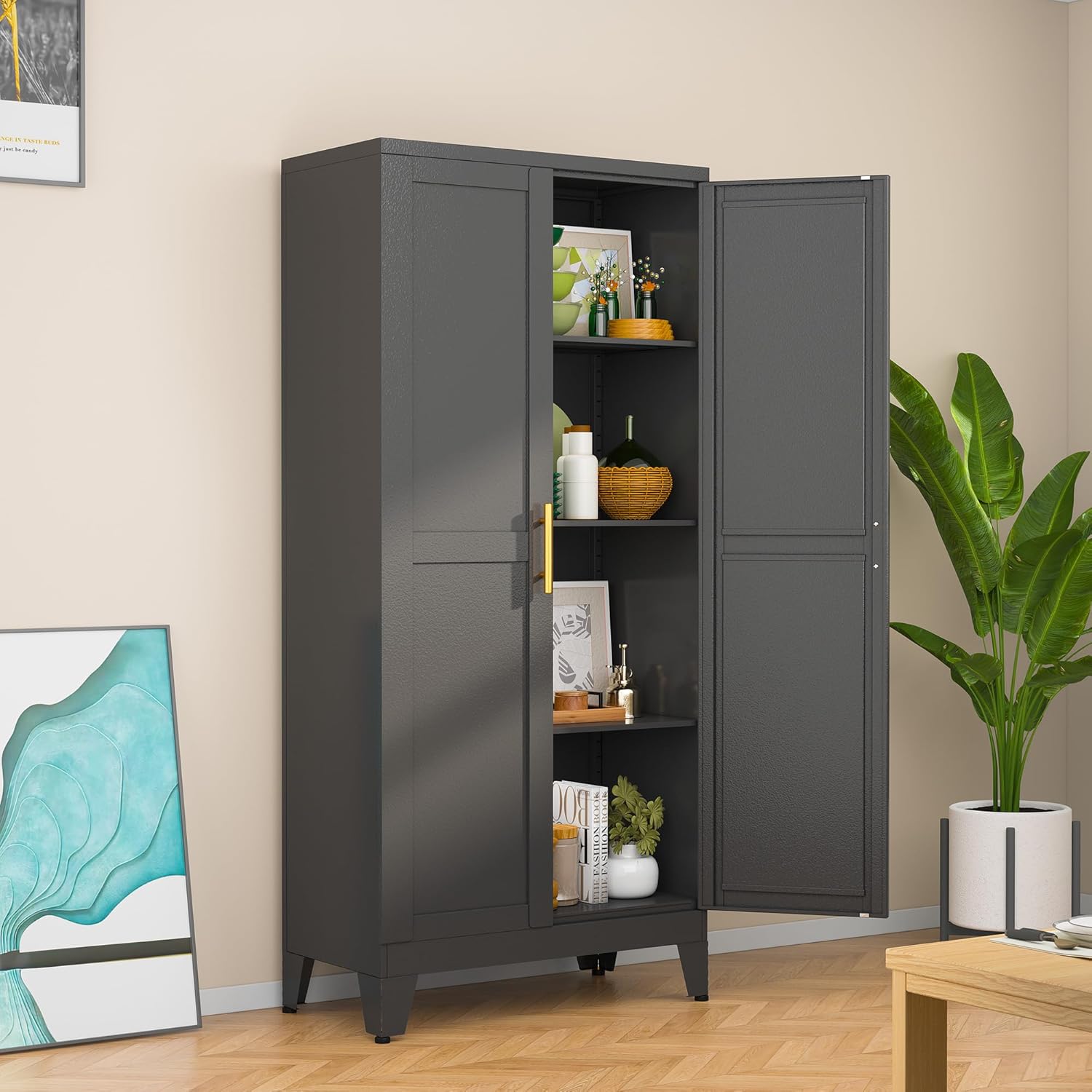 White Metal Storage Cabinet,75" Steel Cabinets for Home Office, Kitchen Pantry Storage Cabinet with Doors and 5 Adjustable Shelves, Tool Cabinets, for Office, Home, Garage, School, 36" W