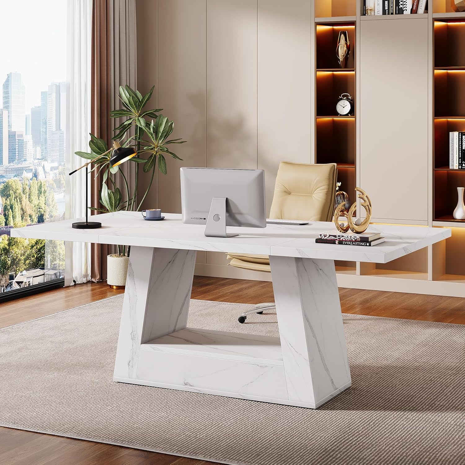 Tribesigns Modern Computer Desk, 63-Inch Large Office Desk Workstation, Simple Style Executive Desk Study Table with Sturdy Base, Wooden Faux Marble Writing Desk for Home Office, White