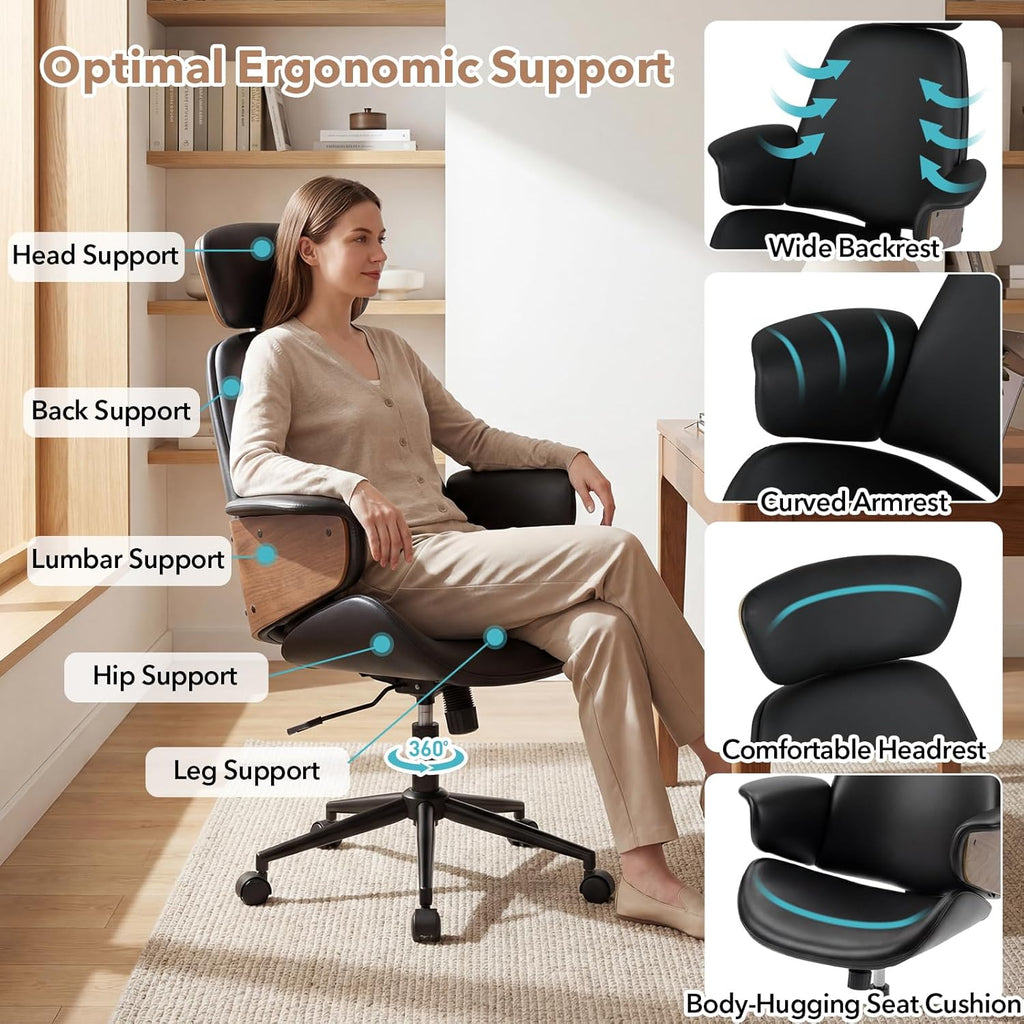 Giantex Ergonomic Office Chair, High Back Faux Leather Executive Chair with Headrest, Adjustable Height, Metal Base, Mid Century Modern Swivel U-Shaped Computer Desk Chair for Home Office & Study