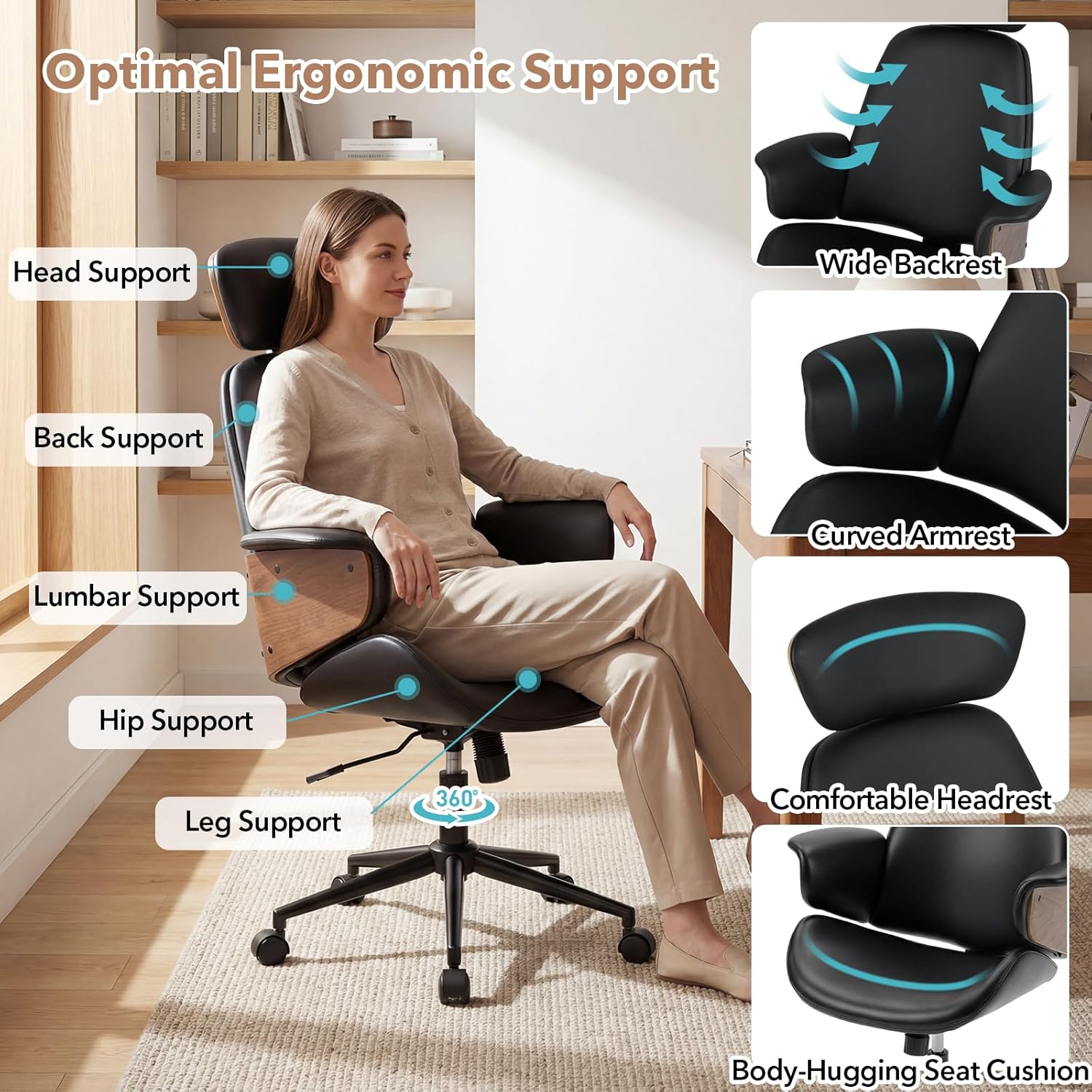 Giantex Ergonomic Office Chair, High Back Faux Leather Executive Chair with Headrest, Adjustable Height, Metal Base, Mid Century Modern Swivel U-Shaped Computer Desk Chair for Home Office & Study
