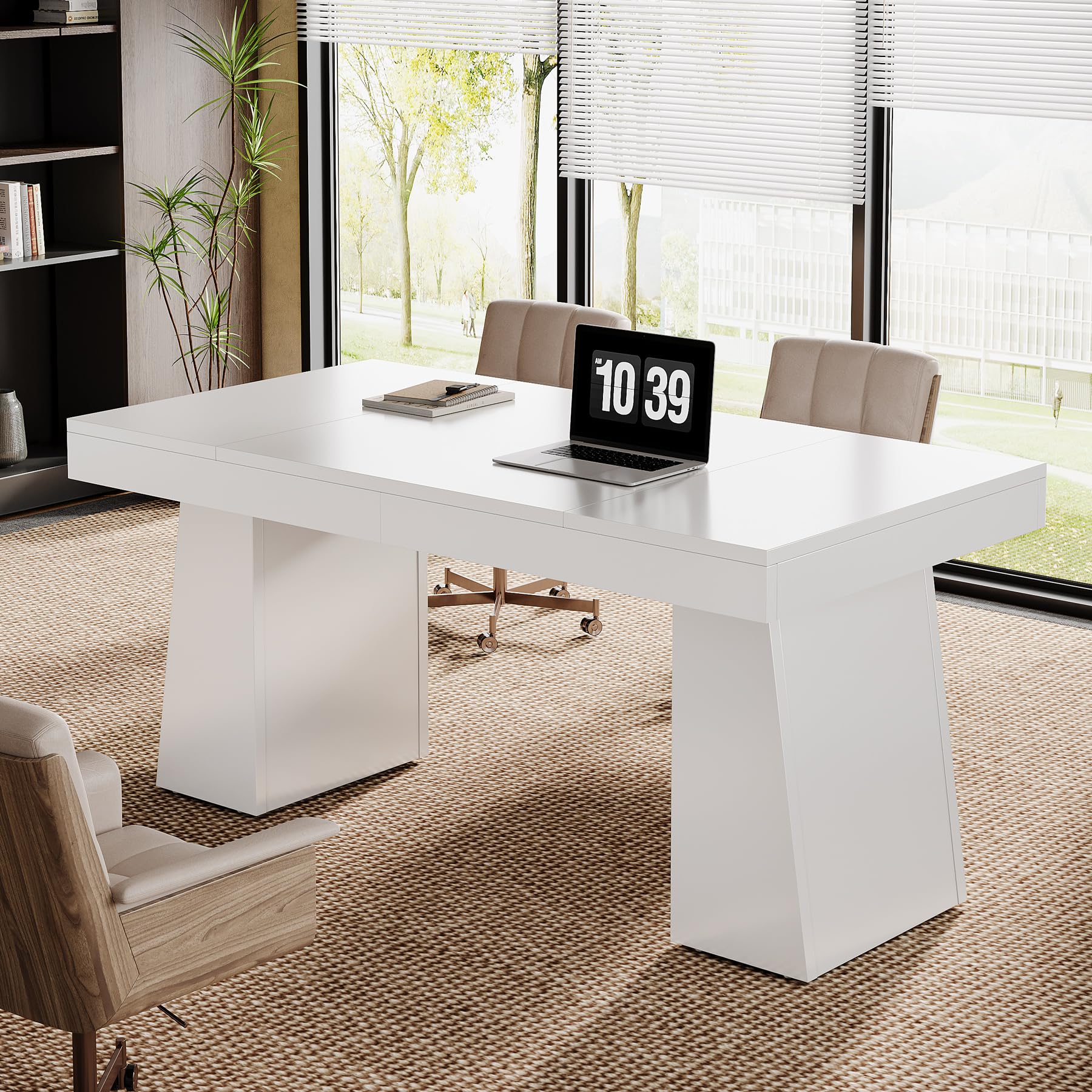 Tribesigns 55 Inches Executive Desk, Mid-Century Modern Home Office Desk, Wood Computer Table Business Workstation Small Conference Table, Light Brown