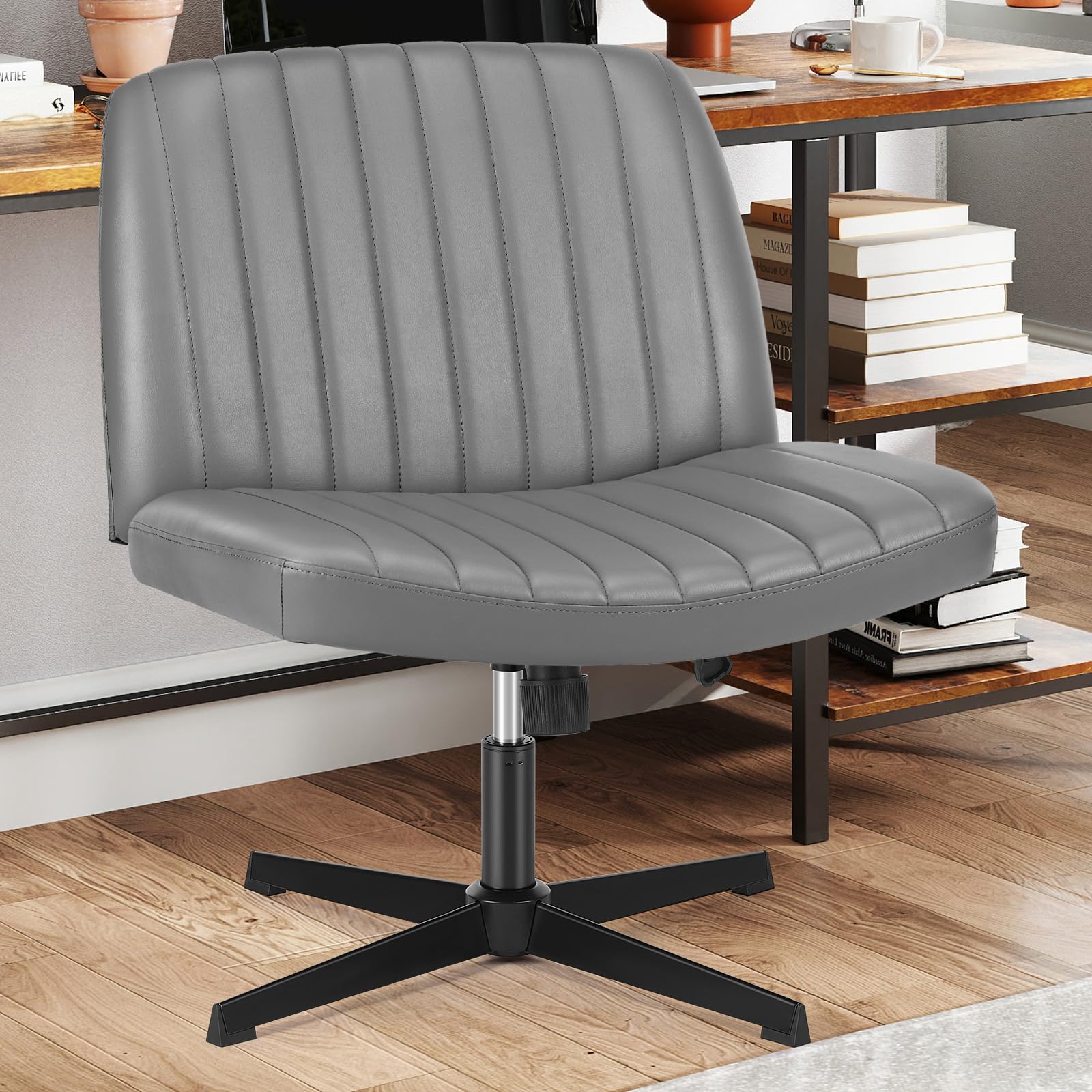 Sweetcrispy Criss Cross Chair Legged, Armless Office Swivel Desk Chair No Wheels, Vanity Height Adjustable Wide Seat Faux Leather Computer Task Seating for Home Bedroom
