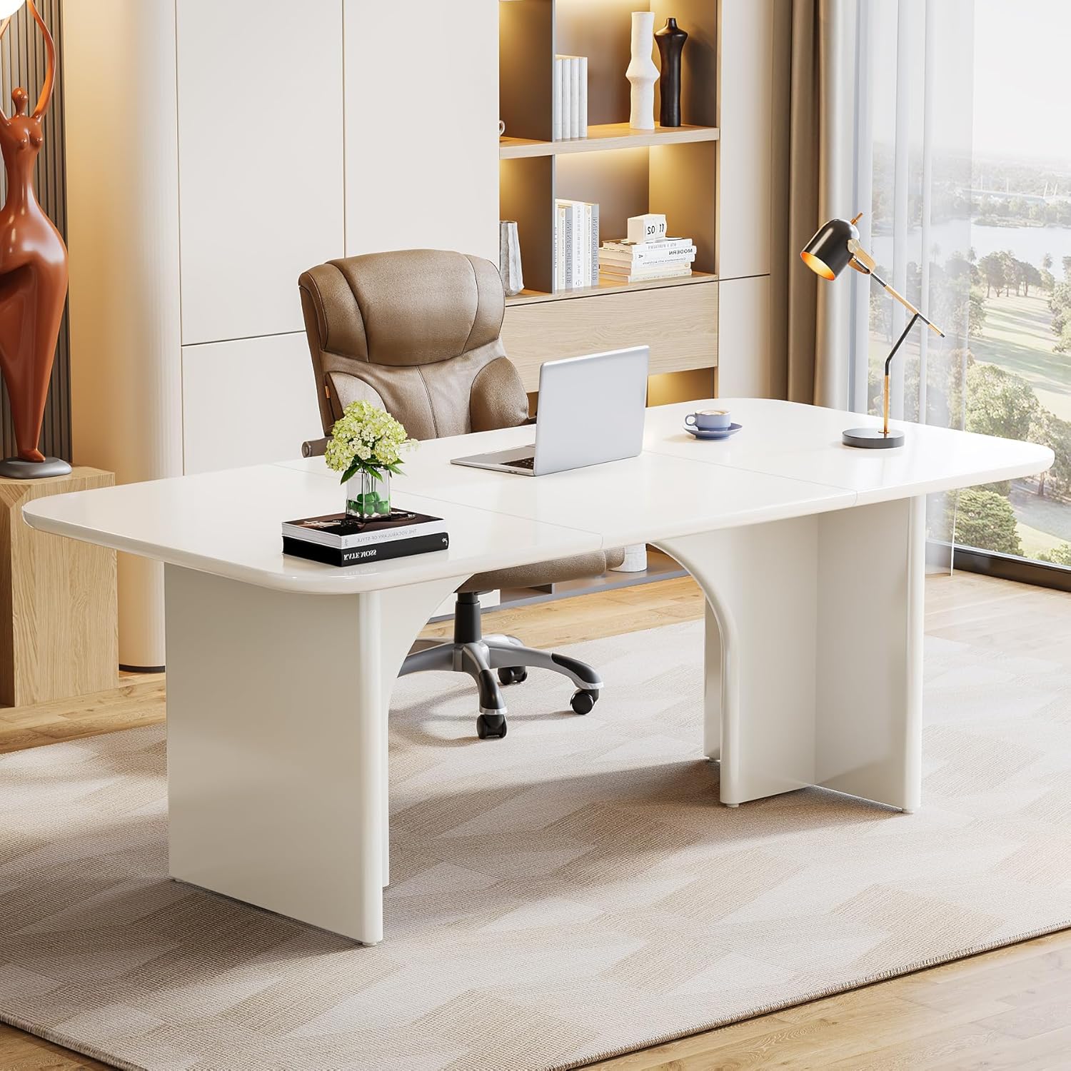 Tribesigns Modern White Desk, Large Minimalist Executive Office Computer Desk Writing Study Makeup Vanity Table Workstation with Arch Design Legs, 63 x 31.5 inch