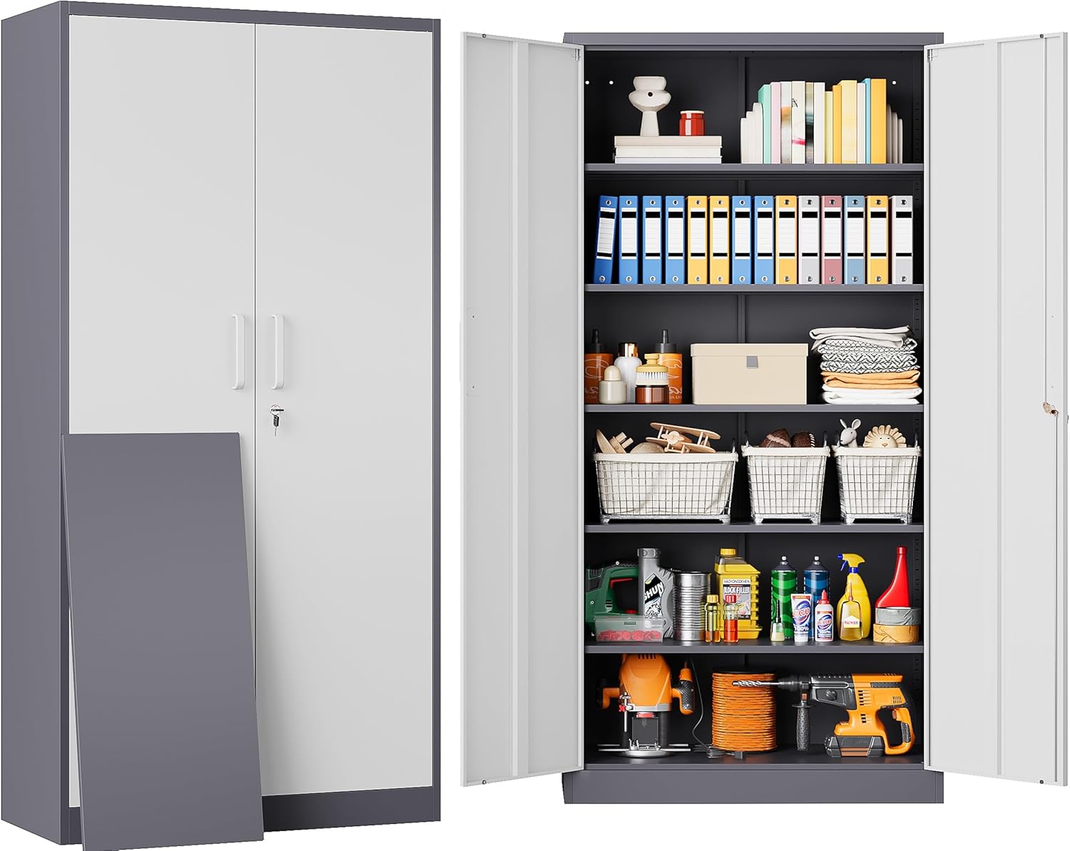 SISESOL Metal Storage Cabinet with 2 Doors and 6 Shelves,Black Metal Cabinet with Lock,71" Lockable Garage Storage Cabinets,Locking File Cabinet,Steel Tool Cabinets for Home,Office,Garage,Shop,School
