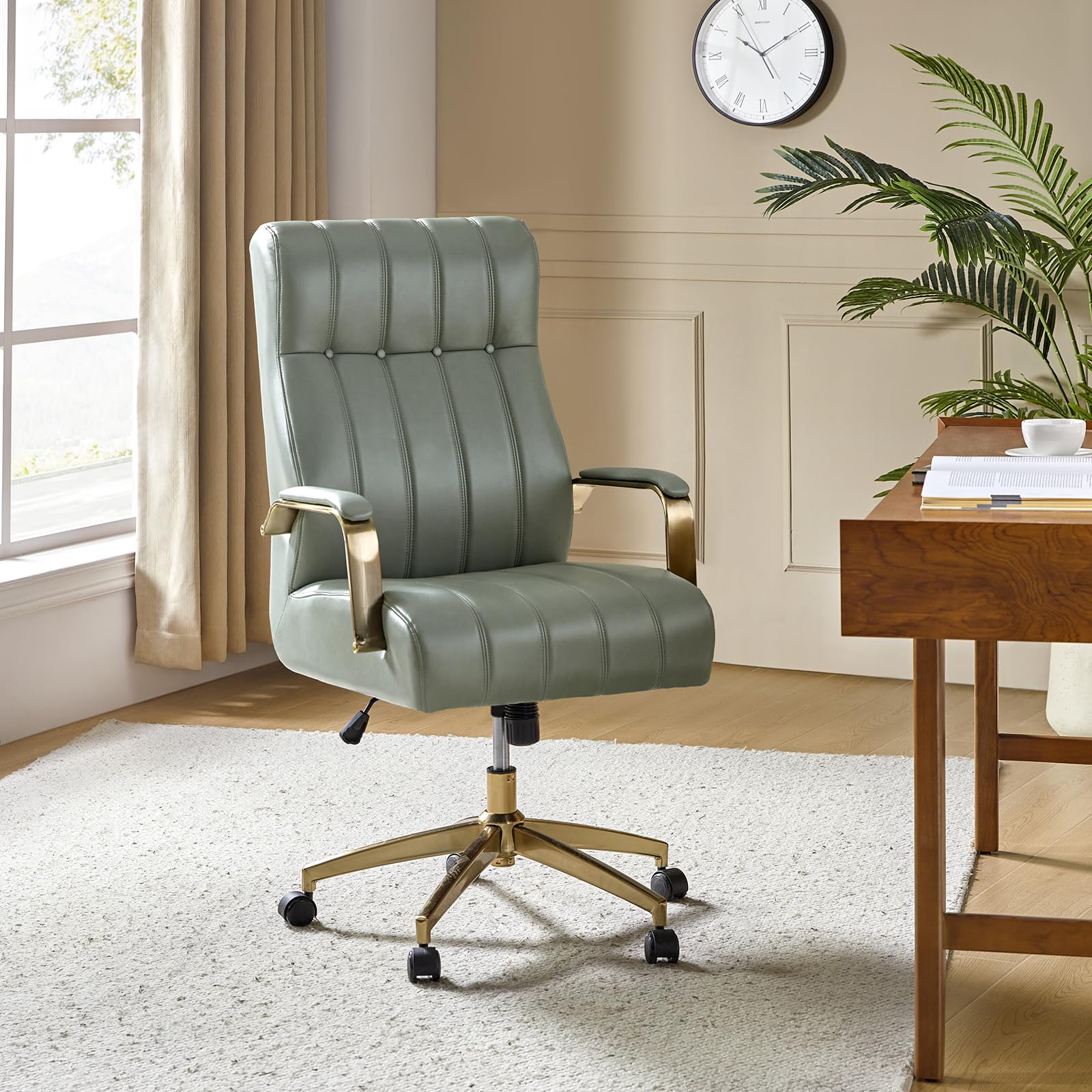 HULALA HOME Modern Executive Office Chair, Faux Leather Tufted Ergonomic Desk Chair with Gold Plated Base & Armrests, 360° Swivel Adjustable Height Tilt Home Office Chair for Work/Study