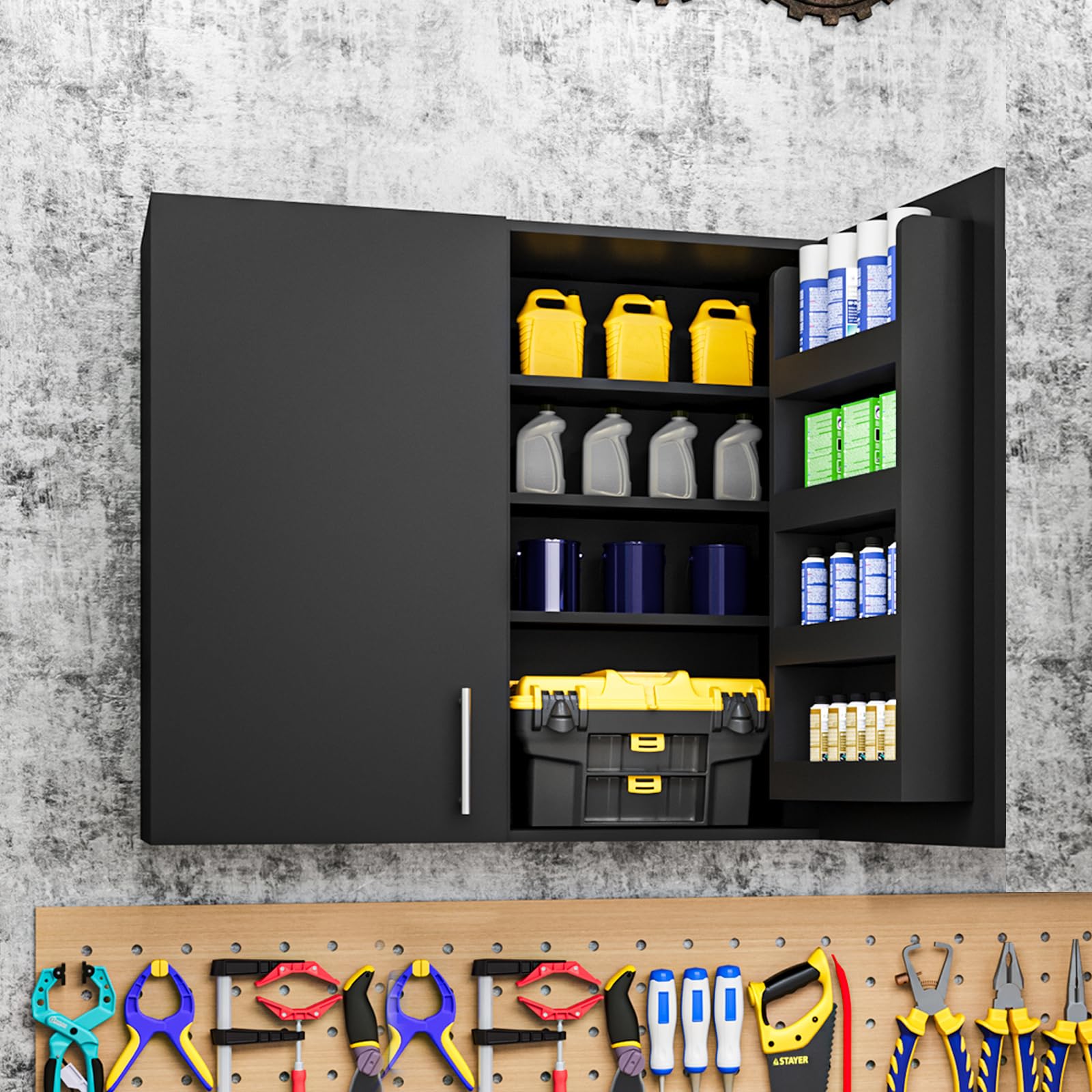 35" Wall Mount Garage Cabinet, Wood Wall Storage Tool Cabinet with Multi-Layer Adjustable Shelves & Inner Door Storage Organizers, Double Door Cabinet with Soft Close, for Garage, Warehouse,Black