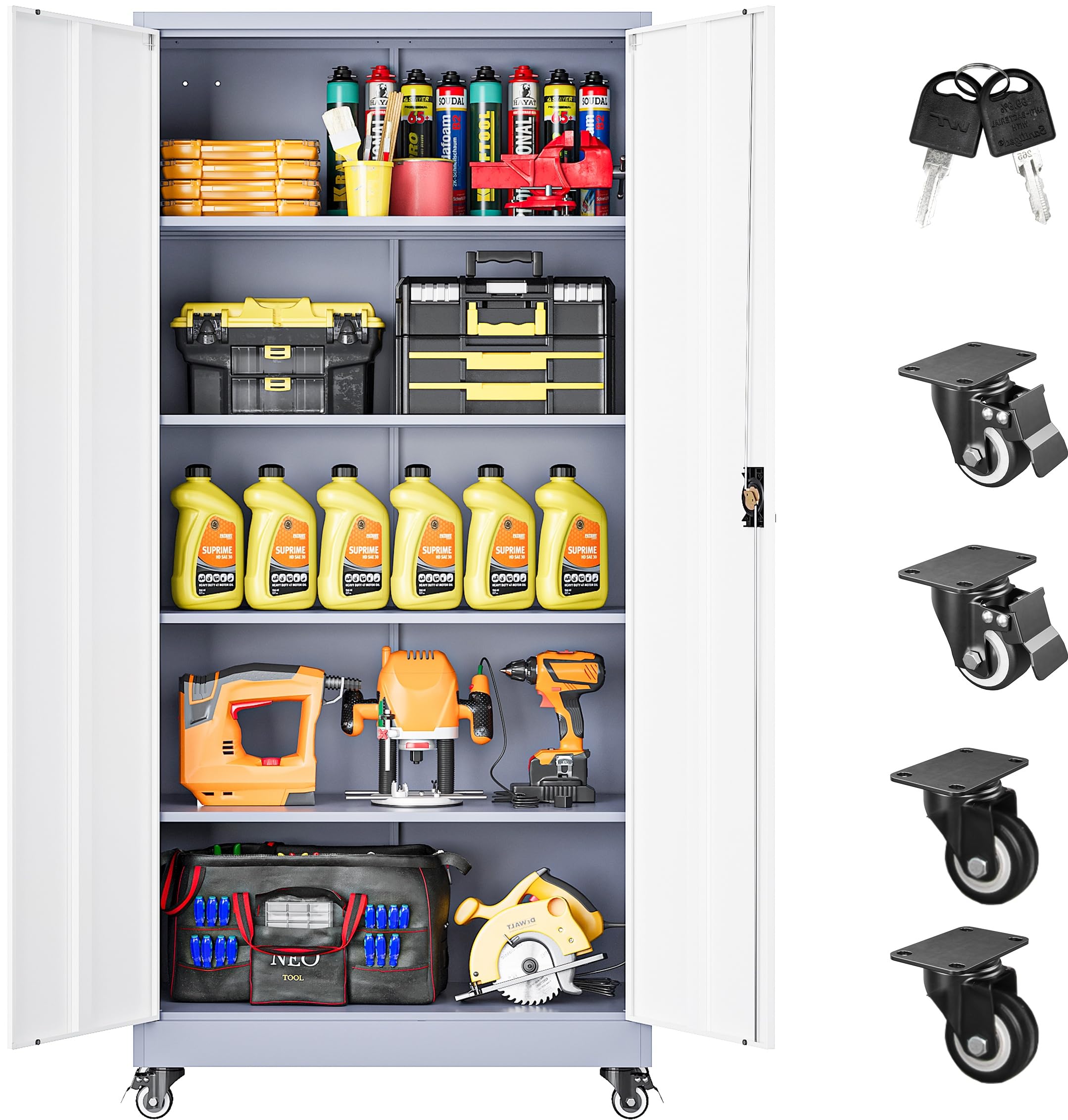 SISESOL Metal Storage Cabinet with Wheels,75 inch Tall Rolling Garage Storage Cabinet with Lock,Black Metal Cabinets with Wheels and Shelves,Deep Heavy Duty Tool Locker for Garage,Home,Office,Shop