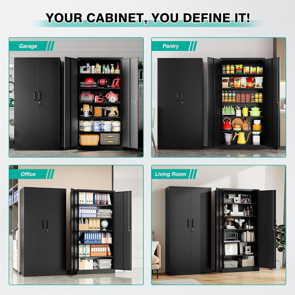 SISESOL Metal Storage Cabinet with 2 Doors and 6 Shelves,Black Metal Cabinet with Lock,71" Lockable Garage Storage Cabinets,Locking File Cabinet,Steel Tool Cabinets for Home,Office,Garage,Shop,School