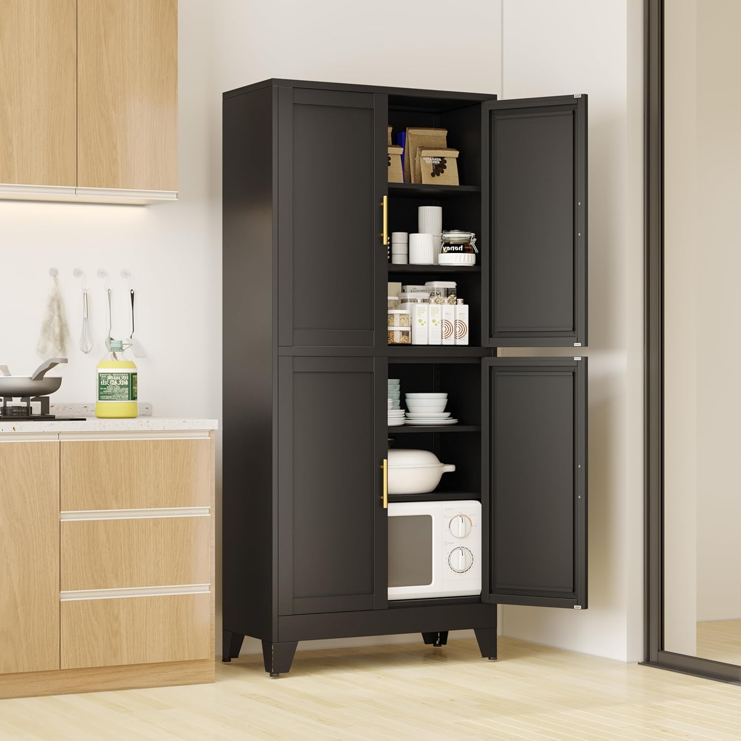 White Metal Storage Cabinet,75" Steel Cabinets for Home Office, Kitchen Pantry Storage Cabinet with Doors and 5 Adjustable Shelves, Tool Cabinets, for Office, Home, Garage, School, 36" W
