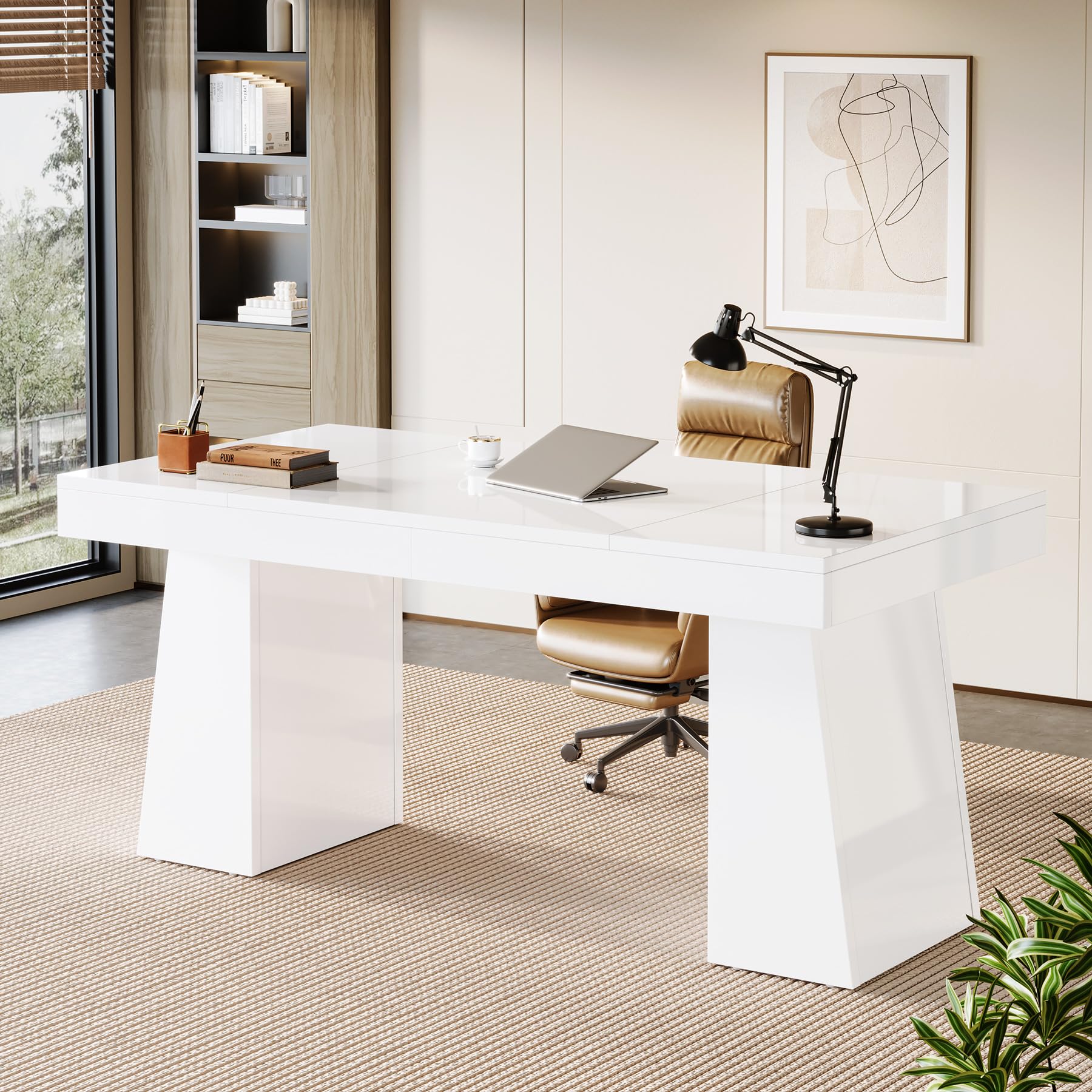 Tribesigns 55-Inch Executive Desk, Thick Wood Office Computer Desk with Double Pedestal, Modern Minimalist Workstations Writing Table Conference Table Furniture for Home Office, Light Brown