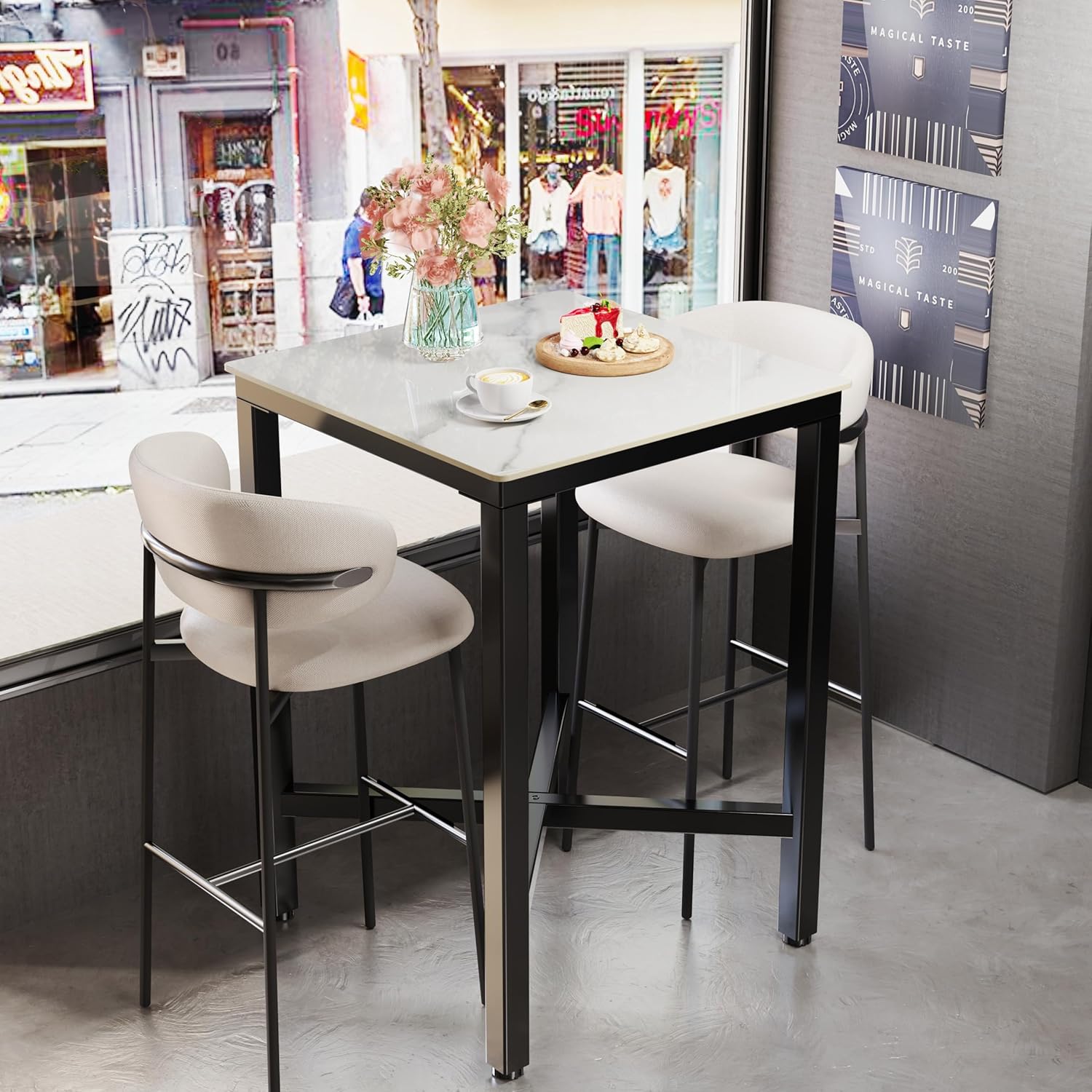 Wisfor Sintered Stone Bar Table: White Square High Top Pub Tables with Black Metal Frame - Small Breakfast Dining Table - Tall Coffee Table with Cross -Legs, 27.56x27.56x41.34 inch