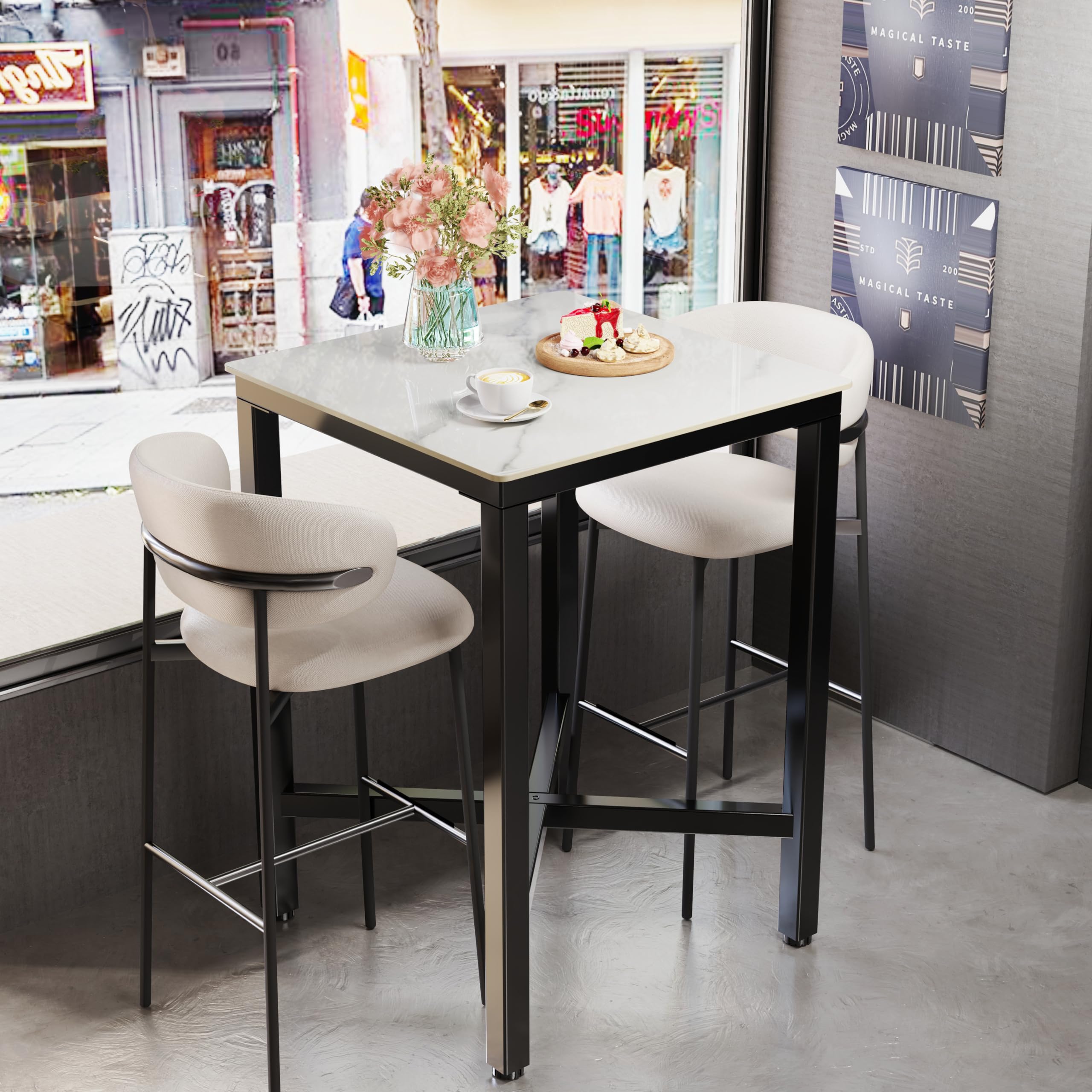 Wisfor Sintered Stone Bar Table: White Square High Top Pub Tables with Black Metal Frame - Small Breakfast Dining Table - Tall Coffee Table with Cross -Legs, 27.56x27.56x41.34 inch