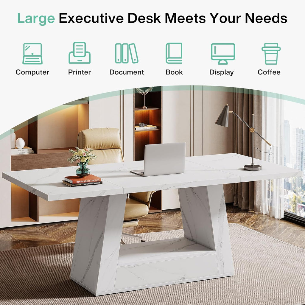 Tribesigns Modern Computer Desk, 63-Inch Large Office Desk Workstation, Simple Style Executive Desk Study Table with Sturdy Base, Wooden Faux Marble Writing Desk for Home Office, White