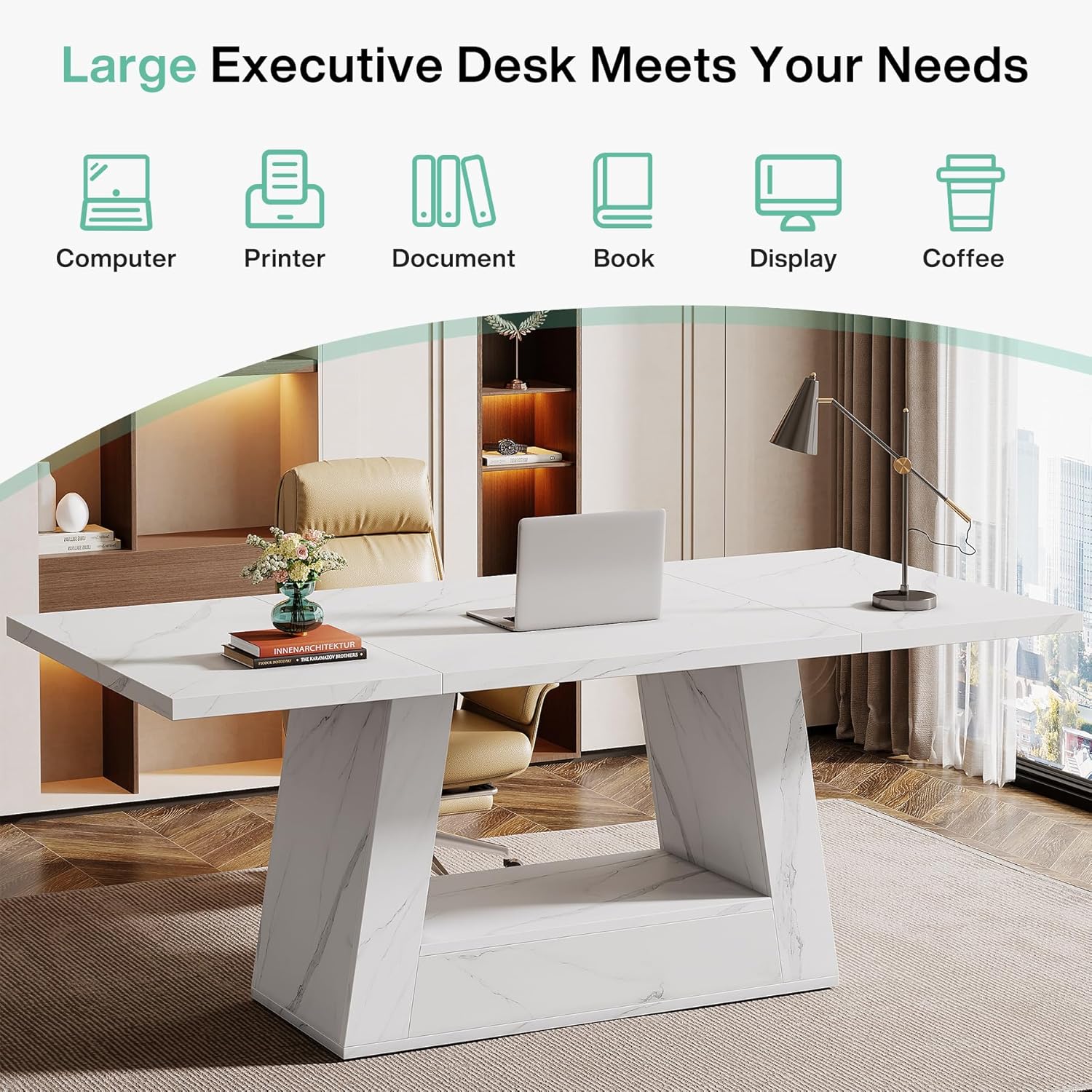 Tribesigns Modern Computer Desk, 63-Inch Large Office Desk Workstation, Simple Style Executive Desk Study Table with Sturdy Base, Wooden Faux Marble Writing Desk for Home Office, White