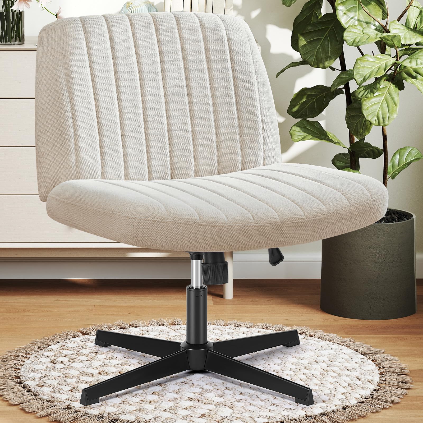 DUMOS Criss Cross Chair with Wheels, Wide Cross Legged Office Desk Vanity Chairs, Faux Leather Armless Adjustable Swivel Chairs for Home Computer Task, Beige