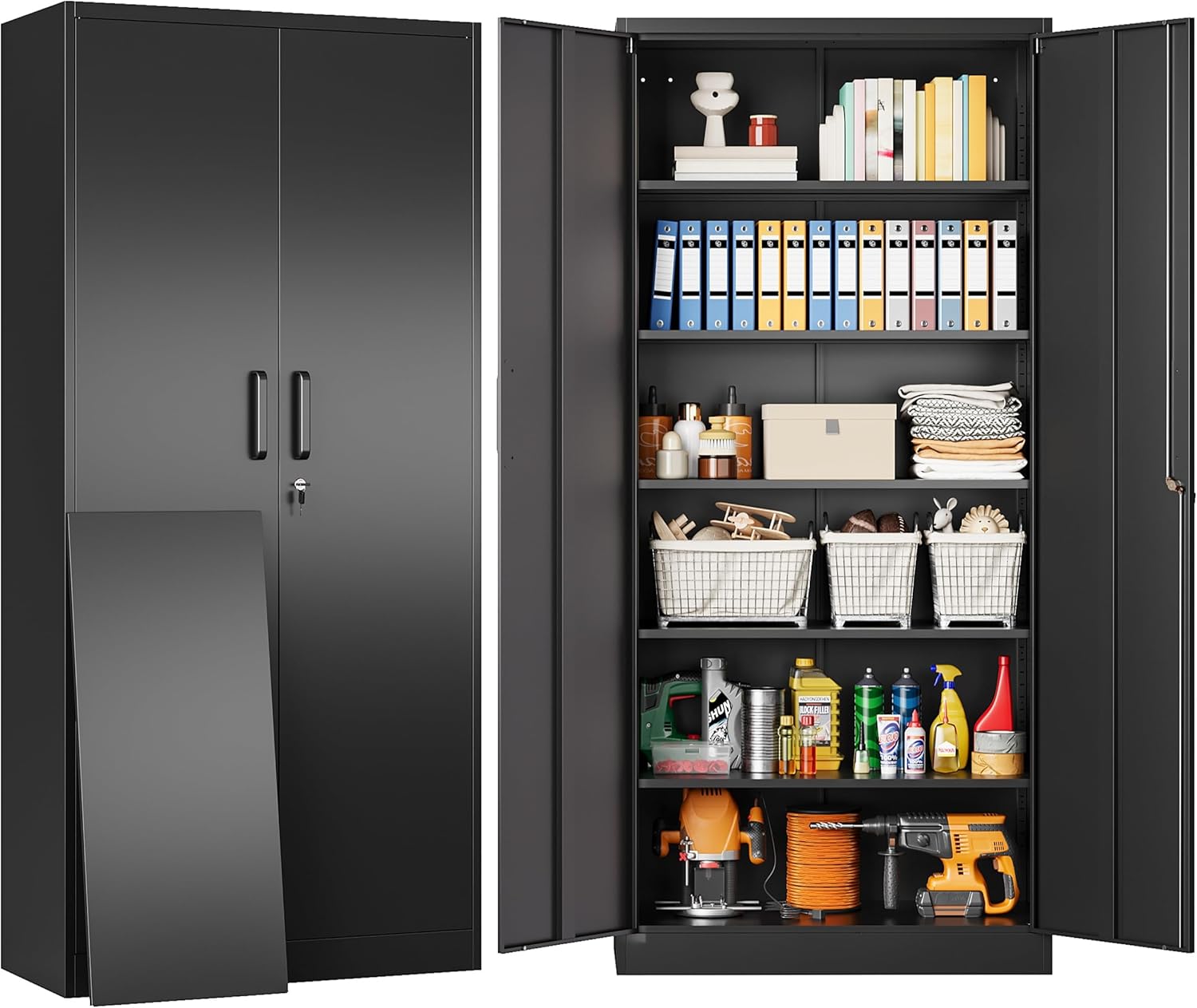 SISESOL Metal Storage Cabinet with 2 Doors and 6 Shelves,Black Metal Cabinet with Lock,71" Lockable Garage Storage Cabinets,Locking File Cabinet,Steel Tool Cabinets for Home,Office,Garage,Shop,School