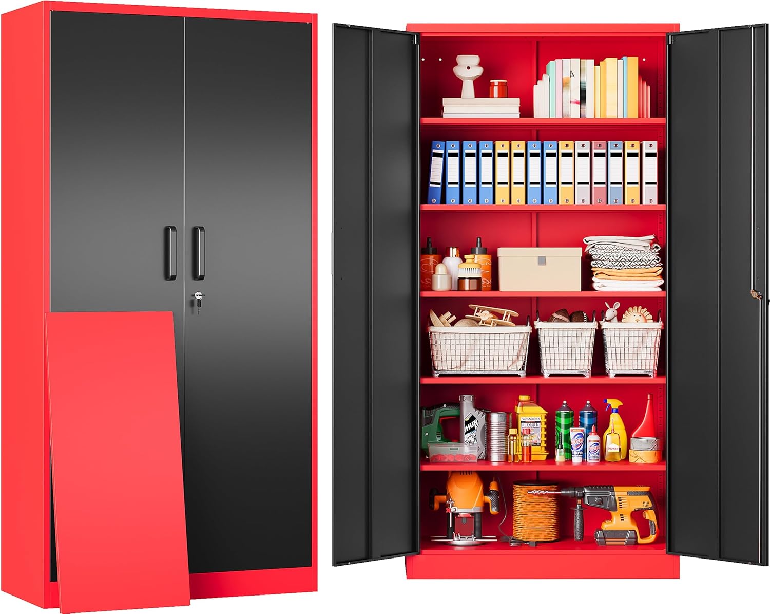 SISESOL Metal Storage Cabinet with 2 Doors and 6 Shelves,Black Metal Cabinet with Lock,71" Lockable Garage Storage Cabinets,Locking File Cabinet,Steel Tool Cabinets for Home,Office,Garage,Shop,School