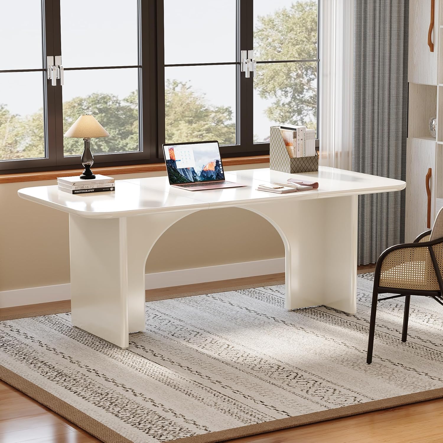 Tribesigns Modern White Desk, Large Minimalist Executive Office Computer Desk Writing Study Makeup Vanity Table Workstation with Arch Design Legs, 63 x 31.5 inch