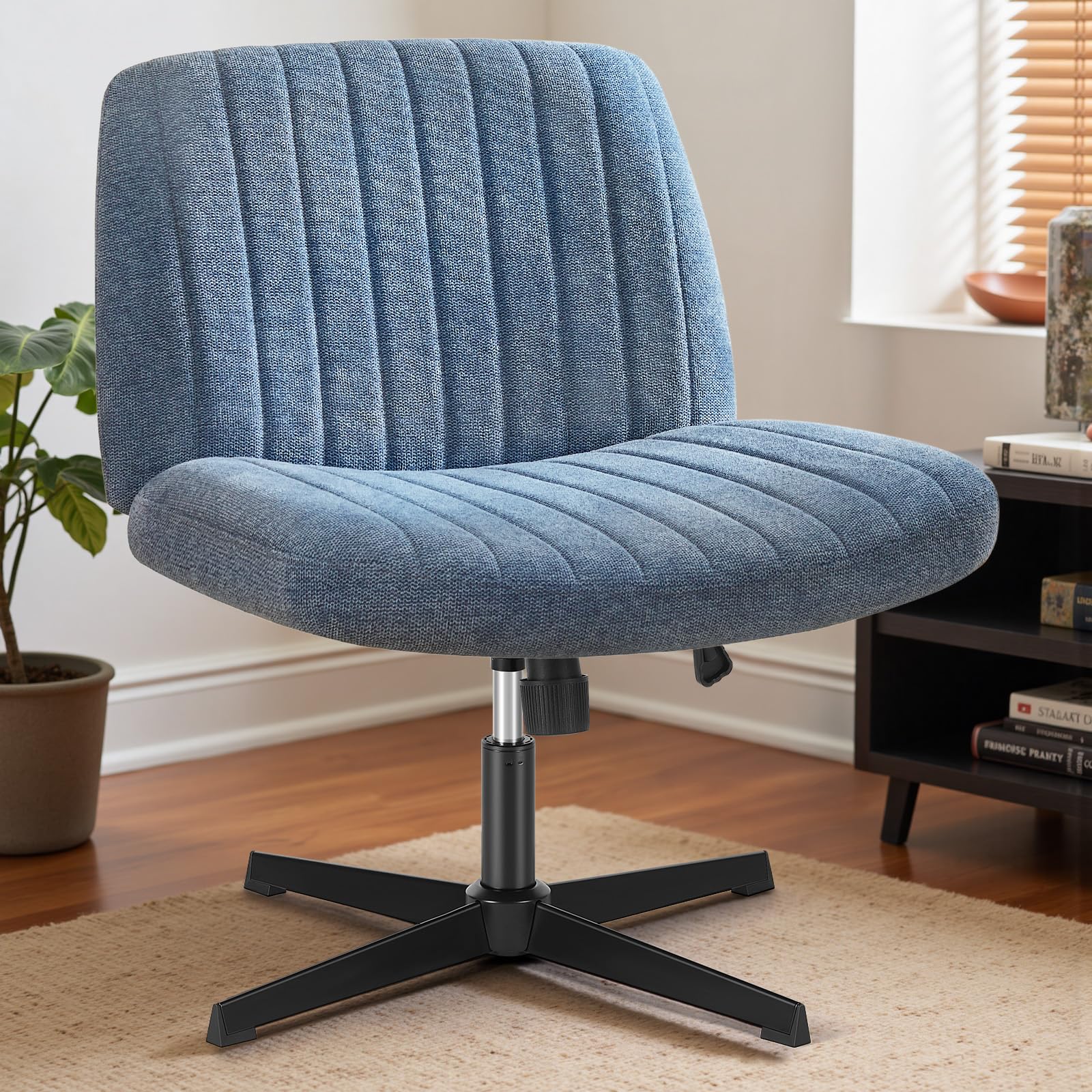 DUMOS Criss Cross Chair with Wheels, Wide Cross Legged Office Desk Vanity Chairs, Faux Leather Armless Adjustable Swivel Chairs for Home Computer Task, Beige