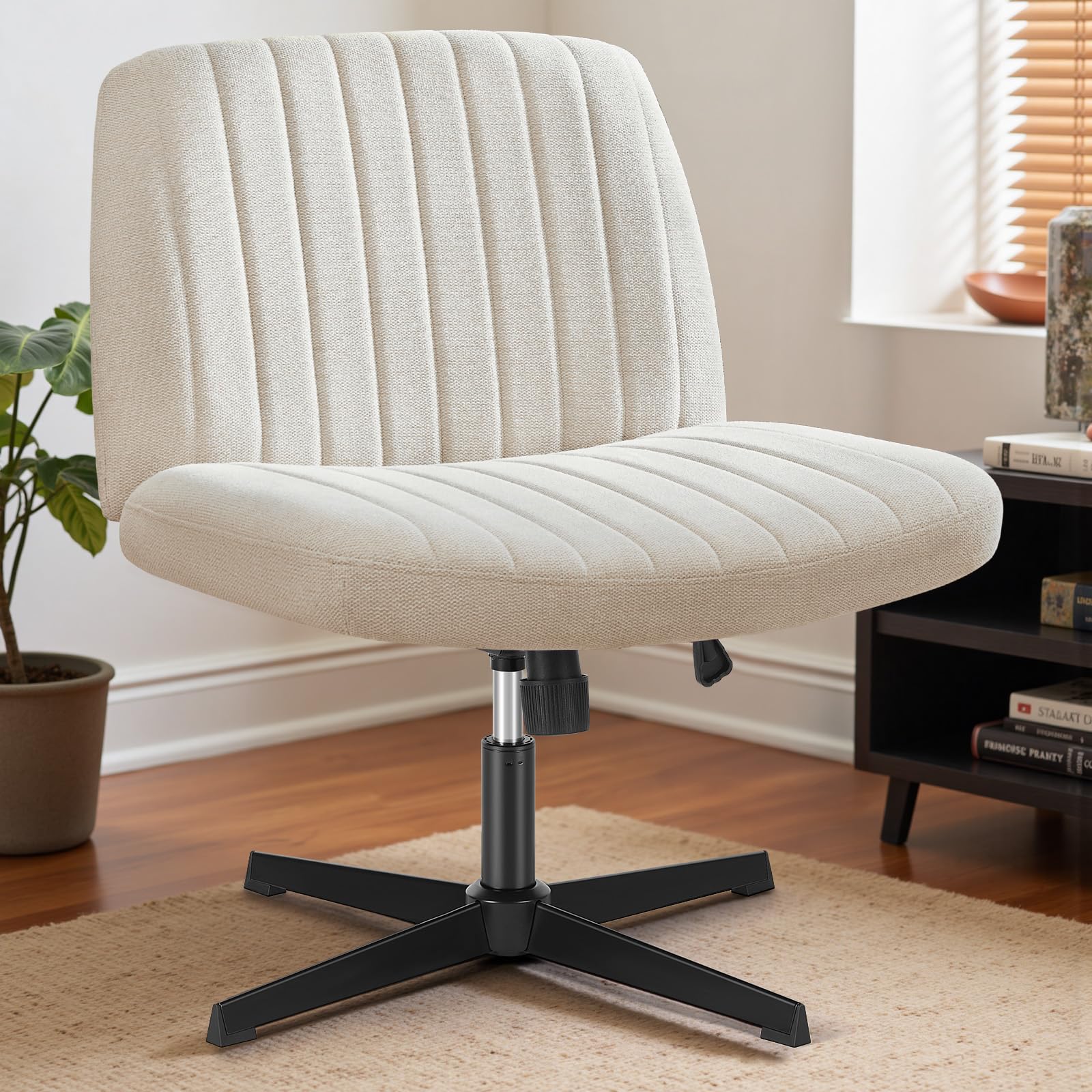DUMOS Criss Cross Chair with Wheels, Wide Cross Legged Office Desk Vanity Chairs, Faux Leather Armless Adjustable Swivel Chairs for Home Computer Task, Beige