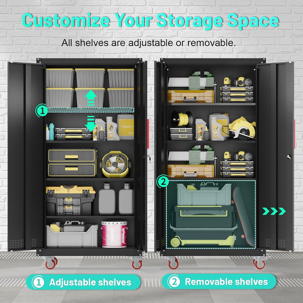 Eltean Metal Garage Cabinets with Wheels| 71" Steel Lockable Garage Storage Cabinet with 4 Adjustable Shelves, Heavy-Duty Tool Storage Cabinet for Home, Basement, Workshop (Black)