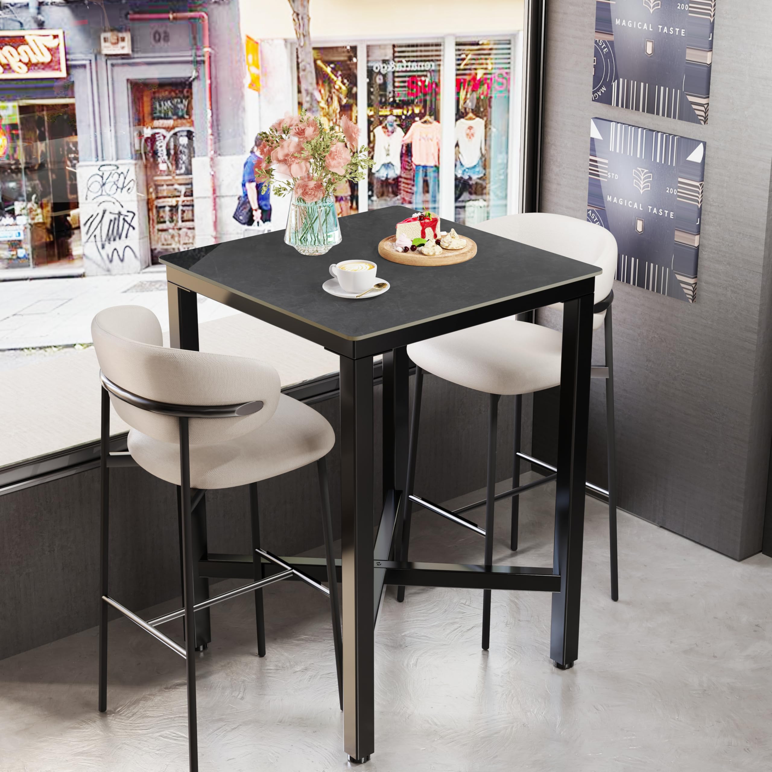 Wisfor Sintered Stone Bar Table: White Square High Top Pub Tables with Black Metal Frame - Small Breakfast Dining Table - Tall Coffee Table with Cross -Legs, 27.56x27.56x41.34 inch