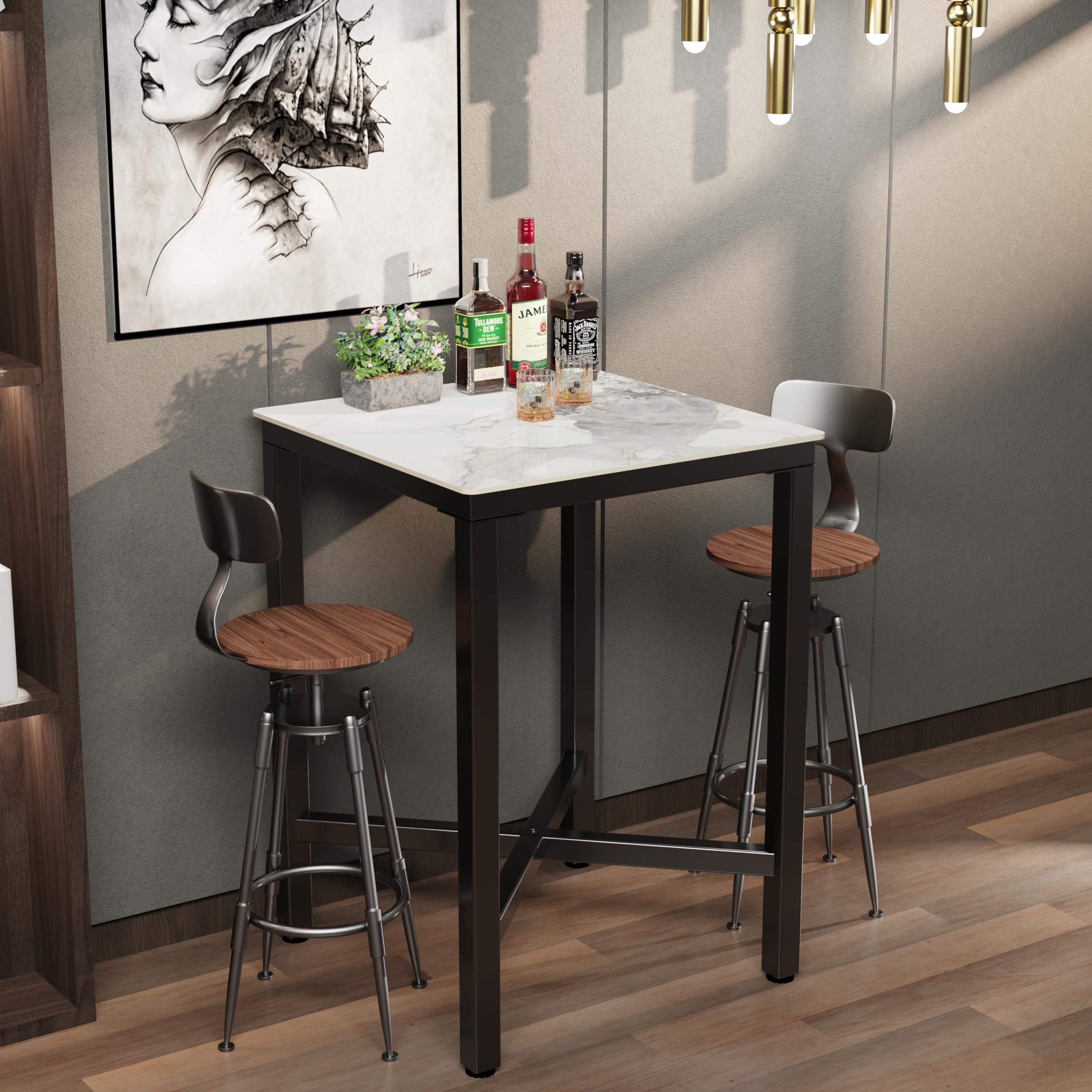 Wisfor Sintered Stone Bar Table: White Square High Top Pub Tables with Black Metal Frame - Small Breakfast Dining Table - Tall Coffee Table with Cross -Legs, 27.56x27.56x41.34 inch