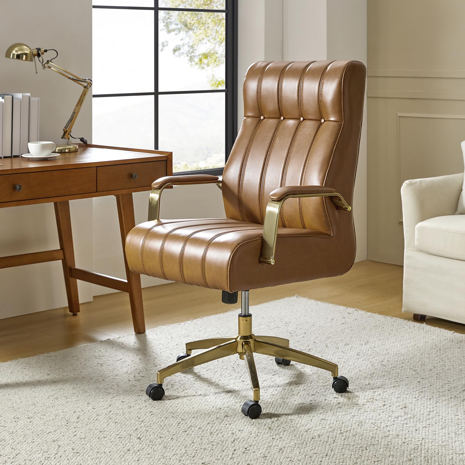 HULALA HOME Modern Executive Office Chair, Faux Leather Tufted Ergonomic Desk Chair with Gold Plated Base & Armrests, 360° Swivel Adjustable Height Tilt Home Office Chair for Work/Study