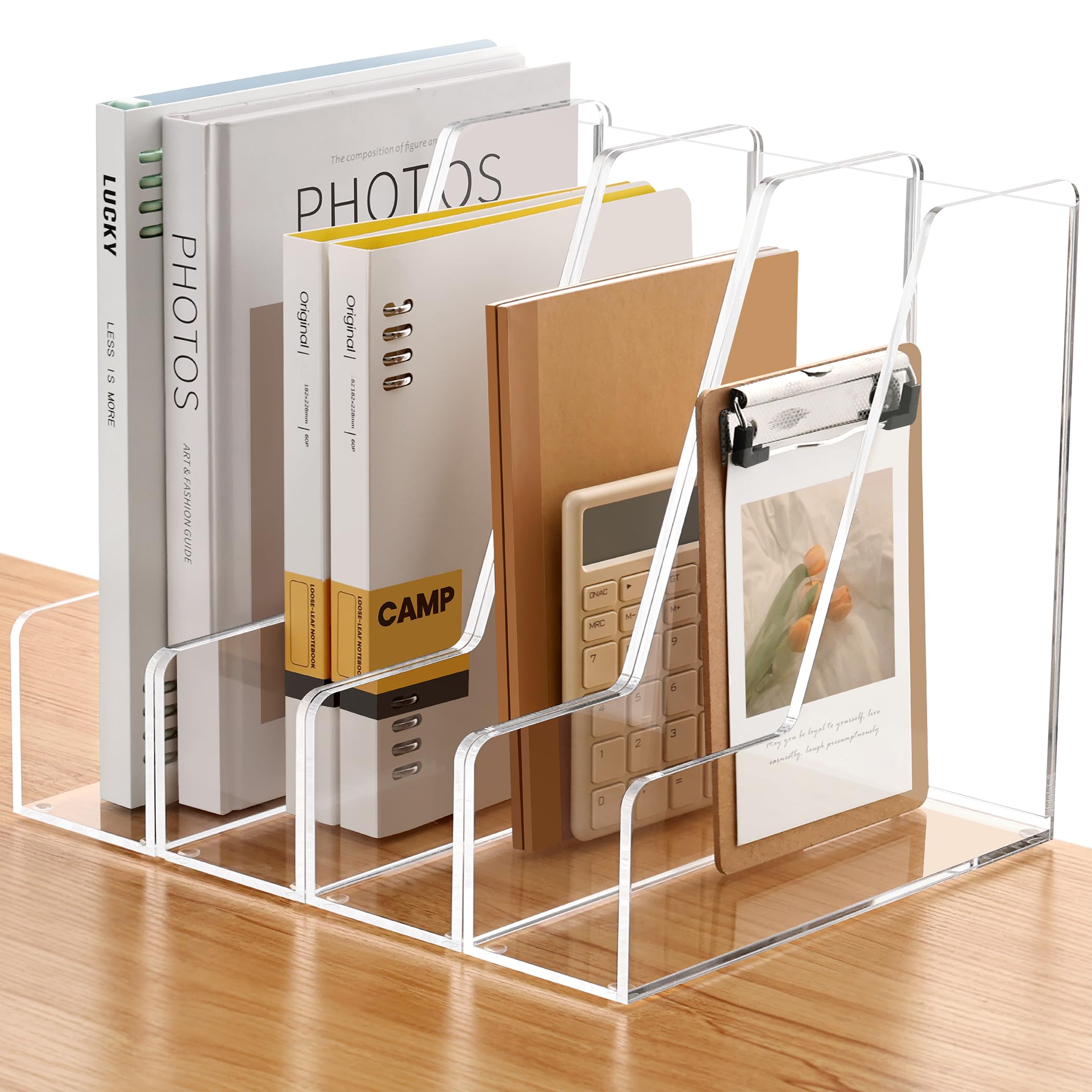 SANRUI Acrylic Magazine Holder Desk Organizer Workspace Sorters，Clear Bookend File Sorter Holder，Folder Rack, Office Accessories Organization Storage with 3 Vertical Compartments