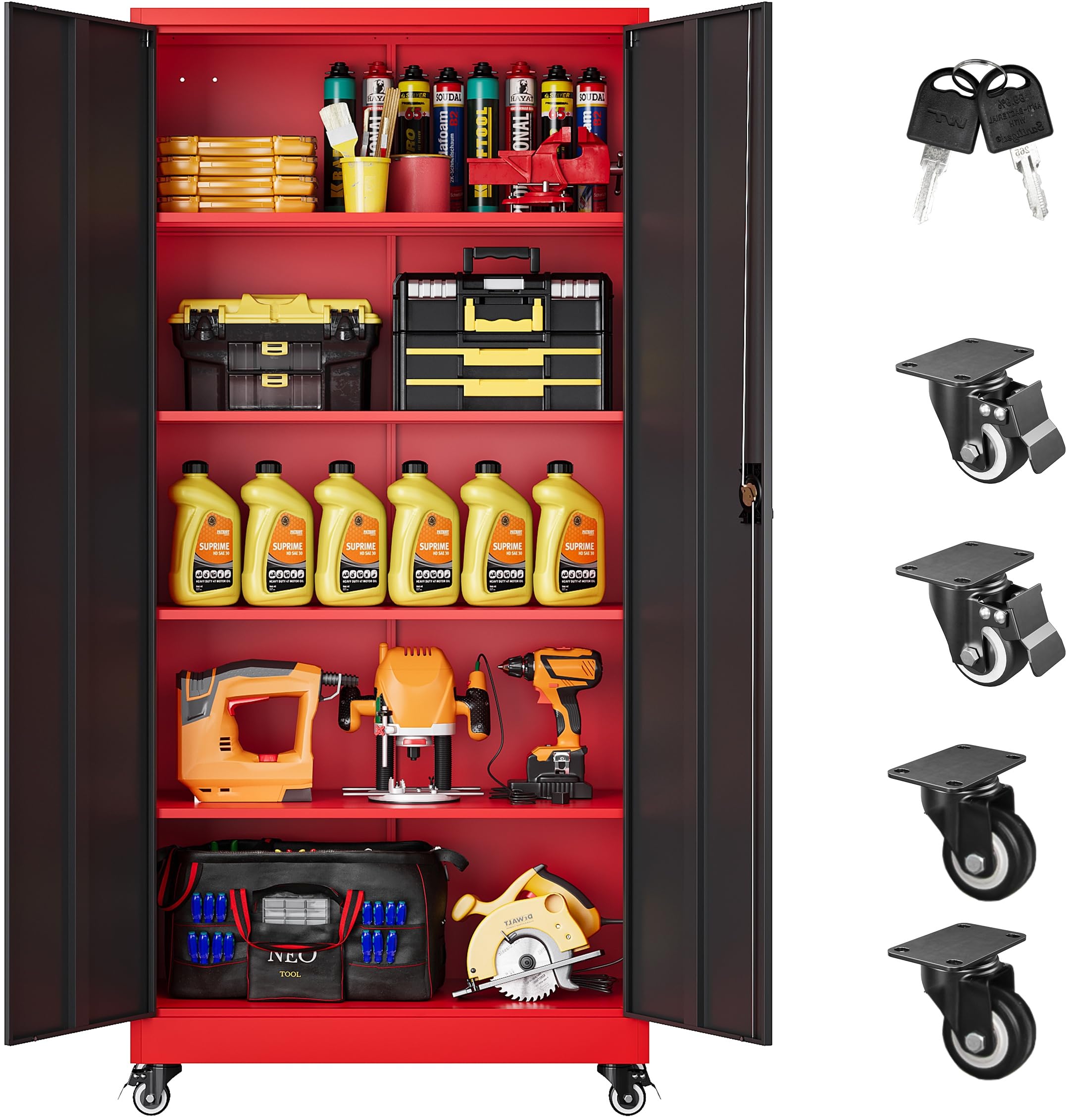 SISESOL Metal Storage Cabinet with Wheels,75 inch Tall Rolling Garage Storage Cabinet with Lock,Black Metal Cabinets with Wheels and Shelves,Deep Heavy Duty Tool Locker for Garage,Home,Office,Shop